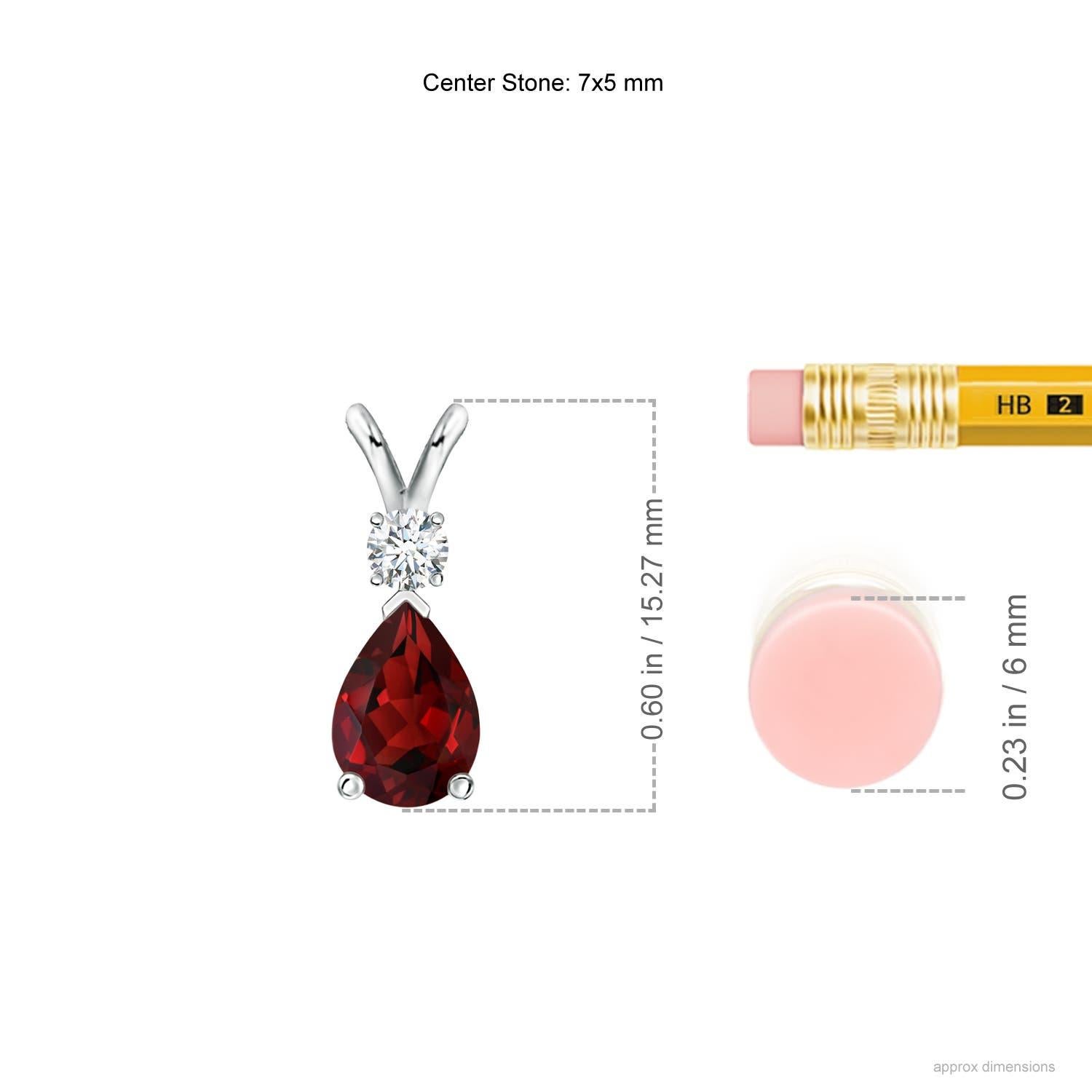 A pear-shaped intense red garnet is secured in a prong setting and embellished with a diamond accent on the top. Simple yet stunning, this teardrop garnet pendant with V bale is sculpted in 14k white gold.
Garnet is the Birthstone for January and