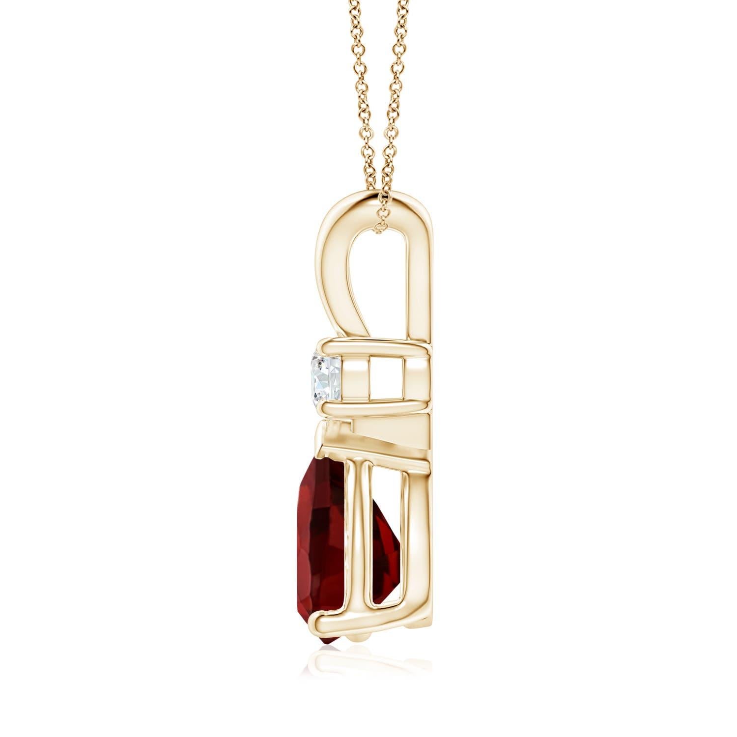 A pear-shaped intense red garnet is secured in a prong setting and embellished with a diamond accent on the top. Simple yet stunning, this teardrop garnet pendant with V bale is sculpted in 14k yellow gold.
Garnet is the Birthstone for January and