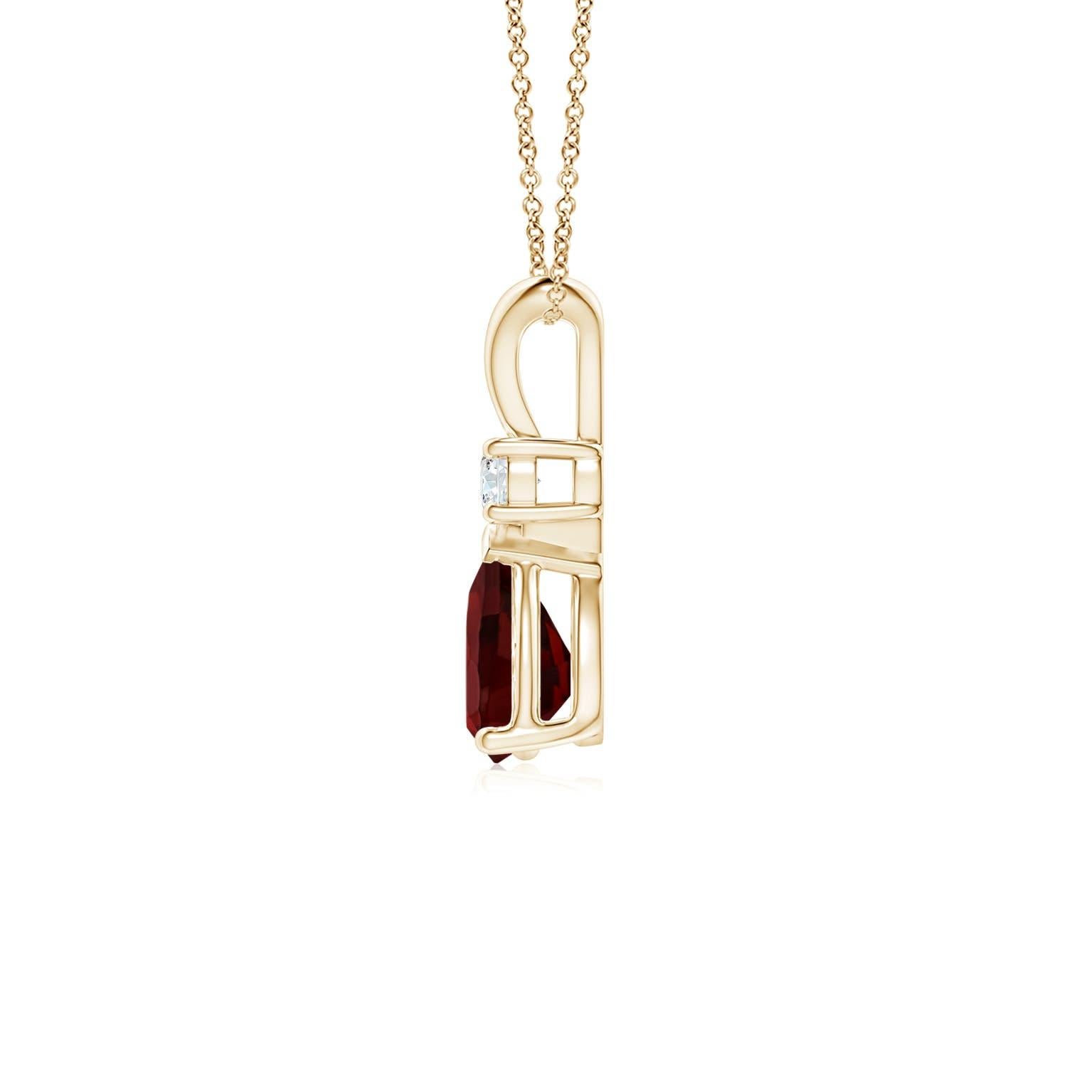 A pear-shaped intense red garnet is secured in a prong setting and embellished with a diamond accent on the top. Simple yet stunning, this teardrop garnet pendant with V bale is sculpted in 14k yellow gold.
Garnet is the Birthstone for January and