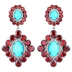 Natural Garnet Turquoise and Diamond Statement Earrings 28.53 Carats Total