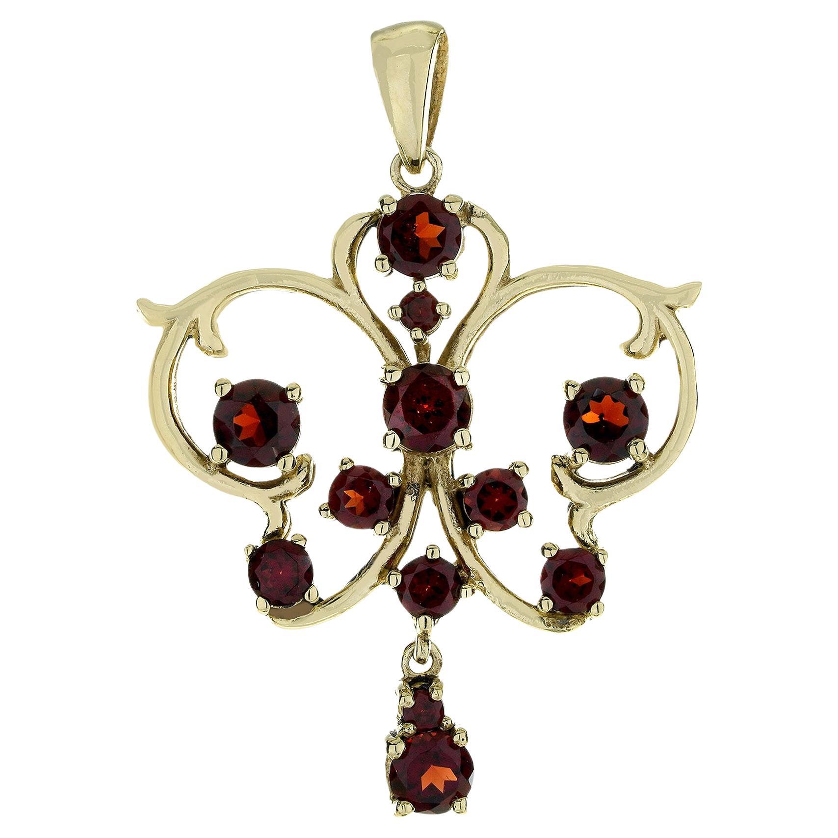 Natural Garnet Victorian Style Pendant in 9K Yellow Gold