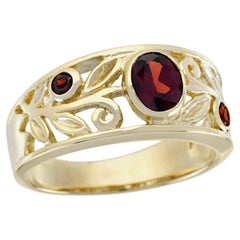 Natural Garnet Vintage Style Carved Band Ring in Solid 9K Yellow Gold