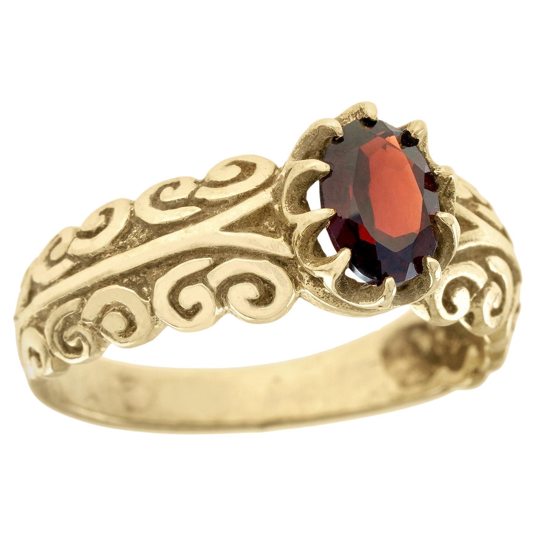 Natural Garnet Vintage Style Carved Ring in Solid 9K Yellow Gold For Sale
