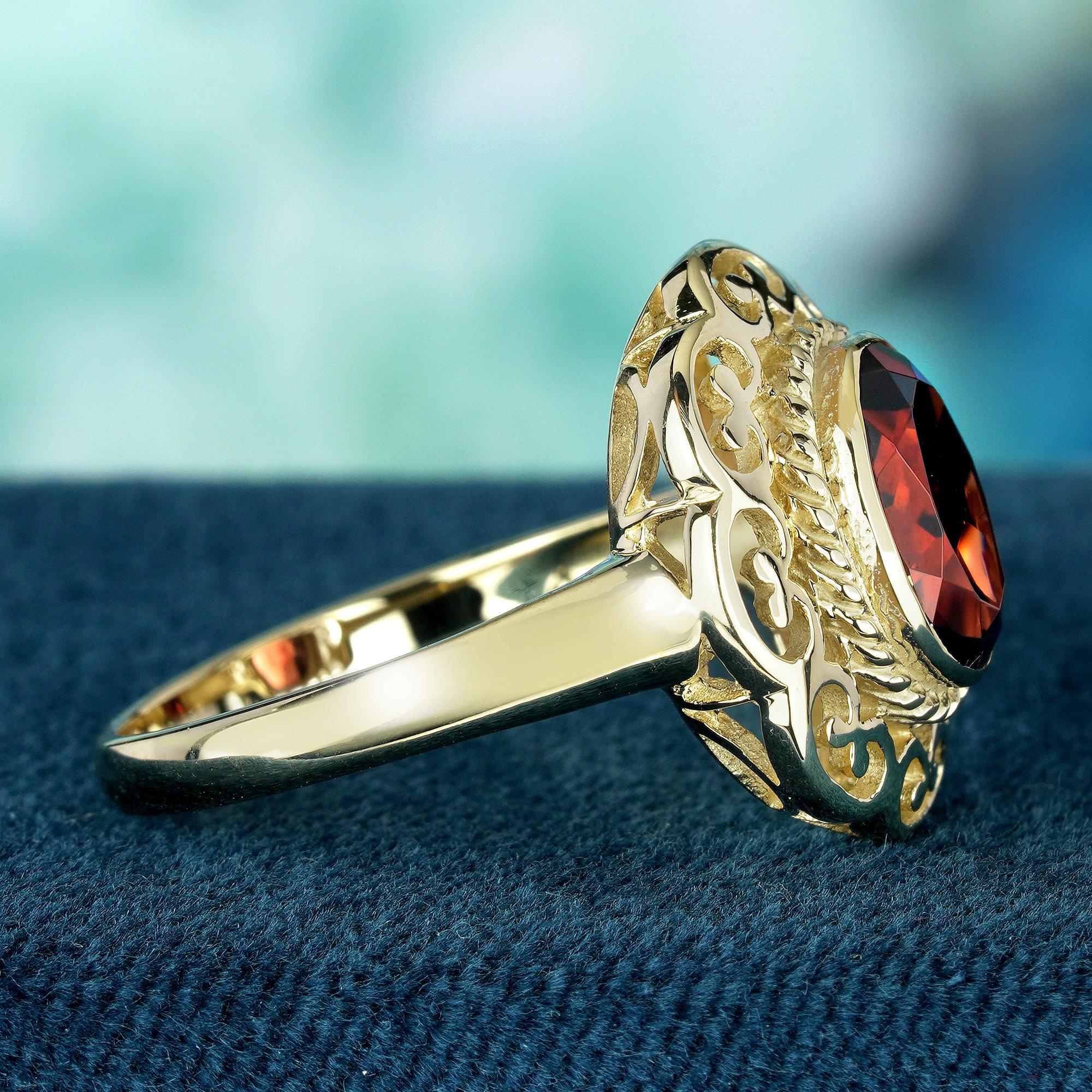 Oval Cut Natural Garnet Vintage Style Cocktail Ring in Solid 9K Yellow Gold For Sale