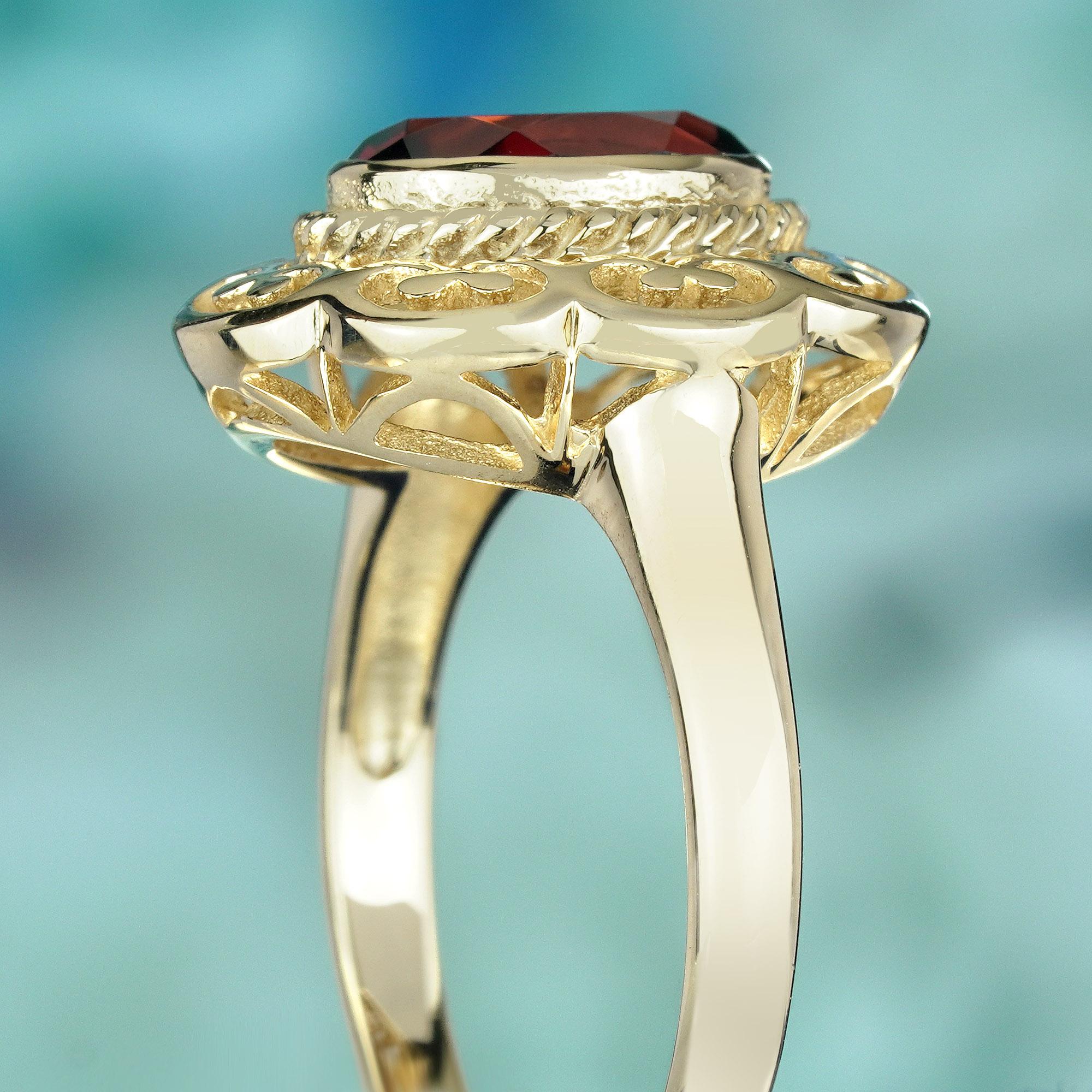 Women's Natural Garnet Vintage Style Cocktail Ring in Solid 9K Yellow Gold For Sale