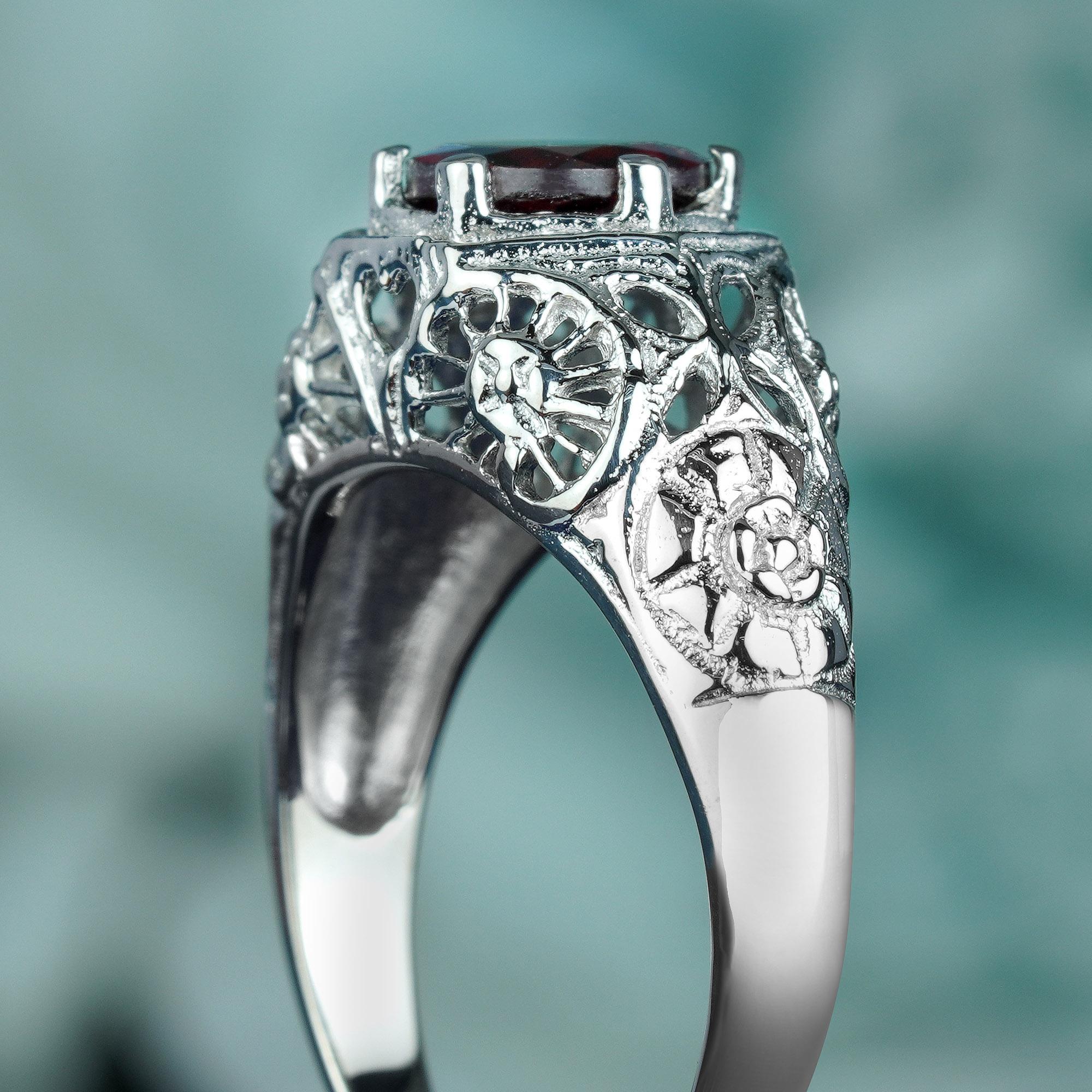 Women's Natural Garnet Vintage Style Filigree Ring in Solid 9K White Gold For Sale