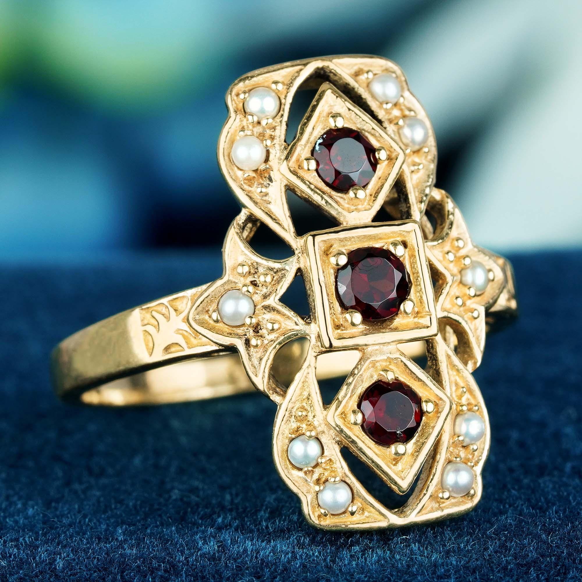 Add a delicate and unique aesthetic to your hand with this ring by GEMMA FILIGREE. Our antique design gold rings equate to delicacy and light openwork, while maintains strength for everyday wear for a lifetime.

Three stone ring is popular ring