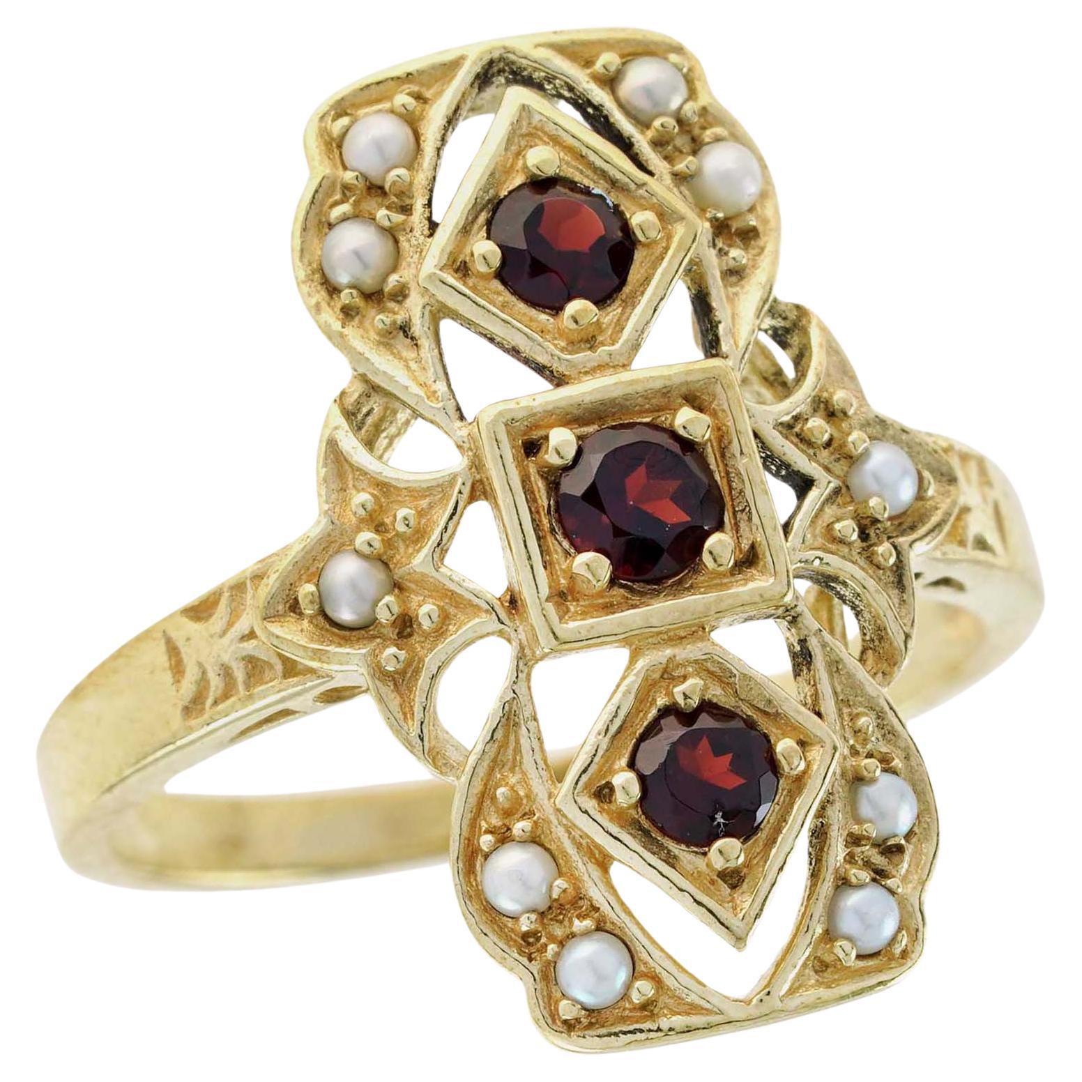 Natural Garnet Vintage Style Filigree Three Stone Ring in Solid 9K Yellow Gold For Sale