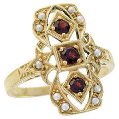 Natural Garnet Vintage Style Filigree Three Stone Ring in Solid 9K Yellow Gold