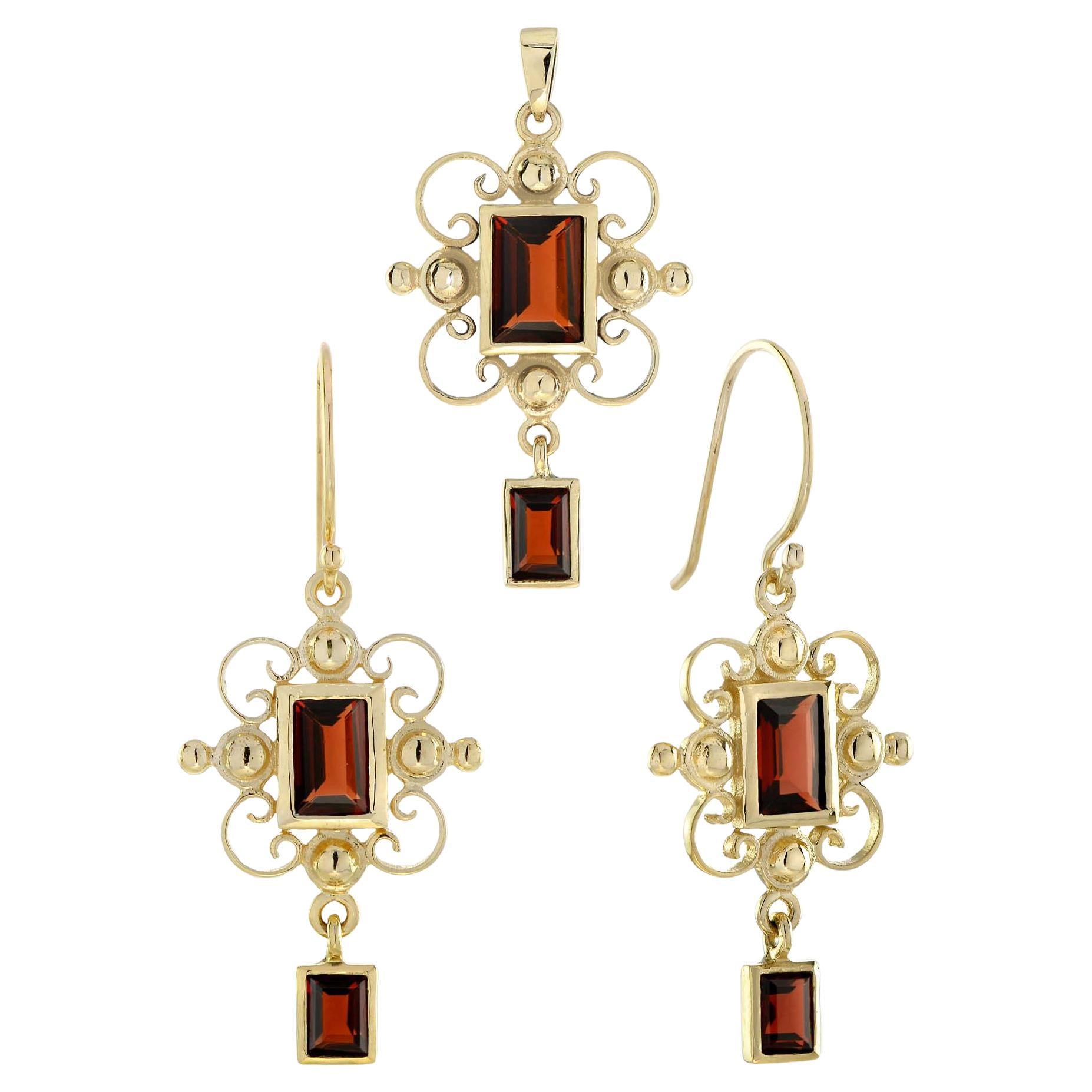 Colgante y pendientes de granate natural estilo vintage en oro macizo de 9 quilates en venta