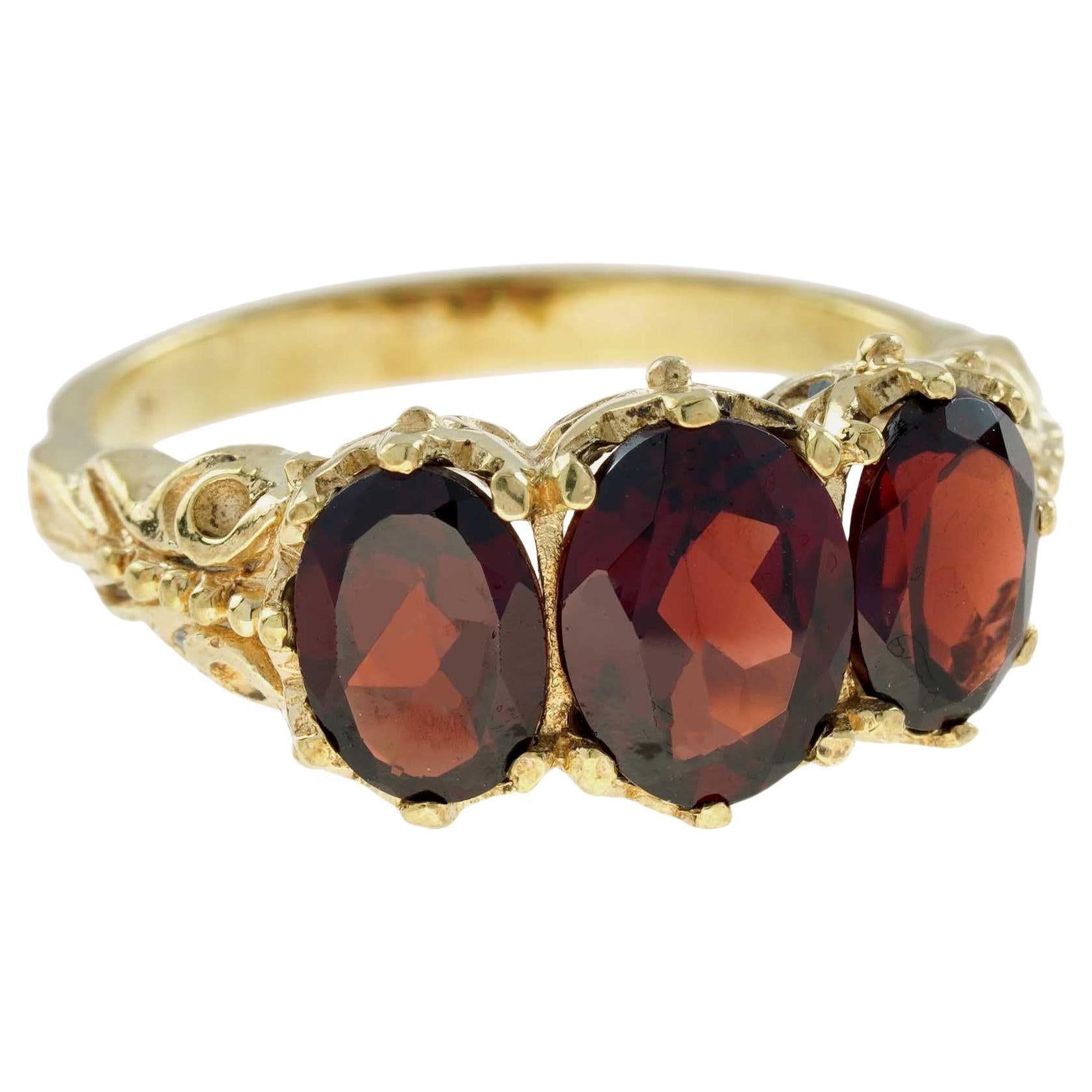 Anello a tre pietre con granato naturale in stile vintage in oro massiccio 14K