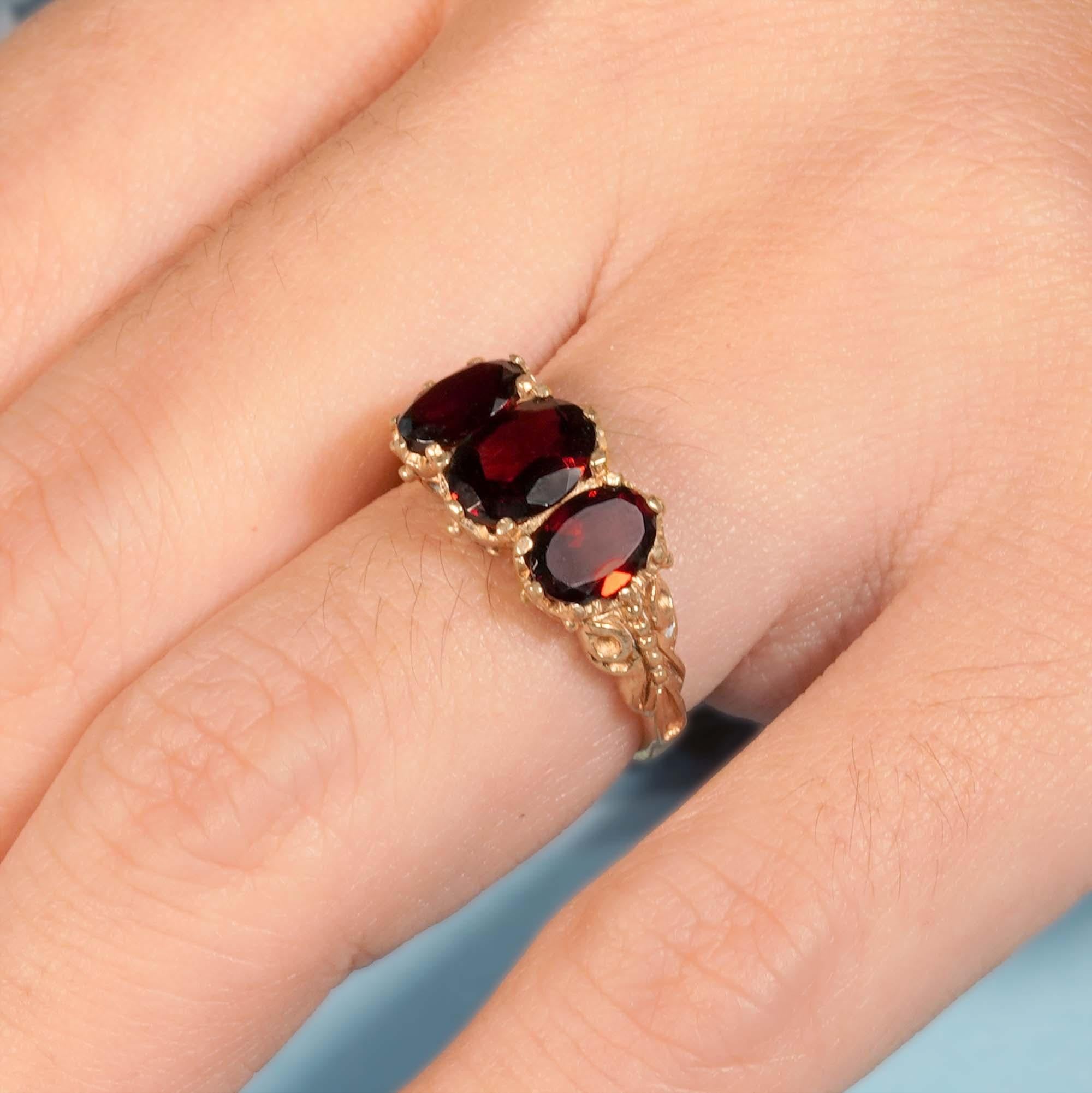 For Sale:  Natural Garnet Vintage Style Three Stone Ring in Solid 9K Gold 13