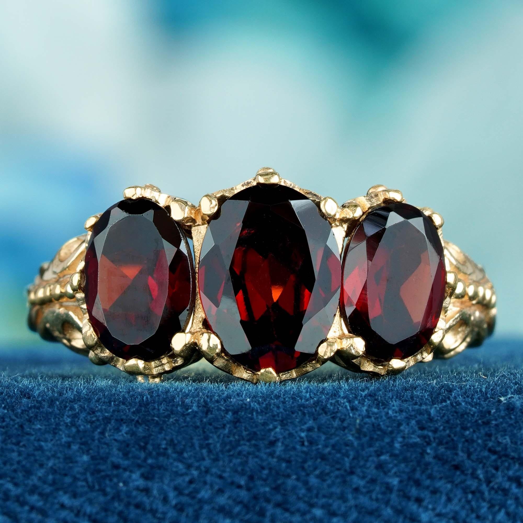 For Sale:  Natural Garnet Vintage Style Three Stone Ring in Solid 9K Gold 2