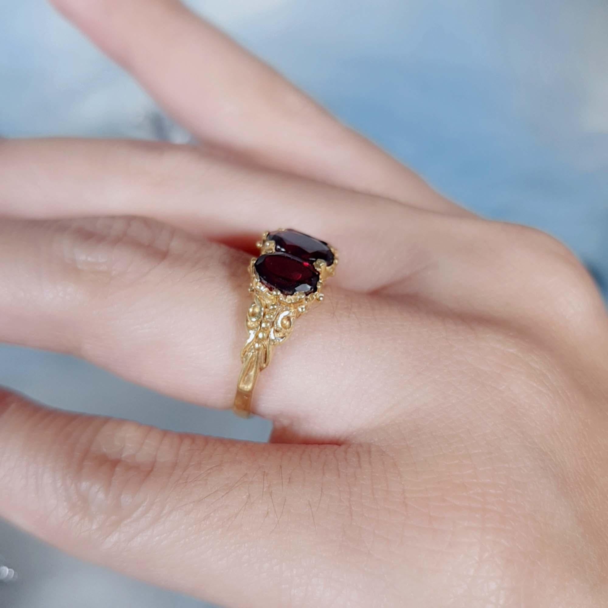 For Sale:  Natural Garnet Vintage Style Three Stone Ring in Solid 9K Gold 9