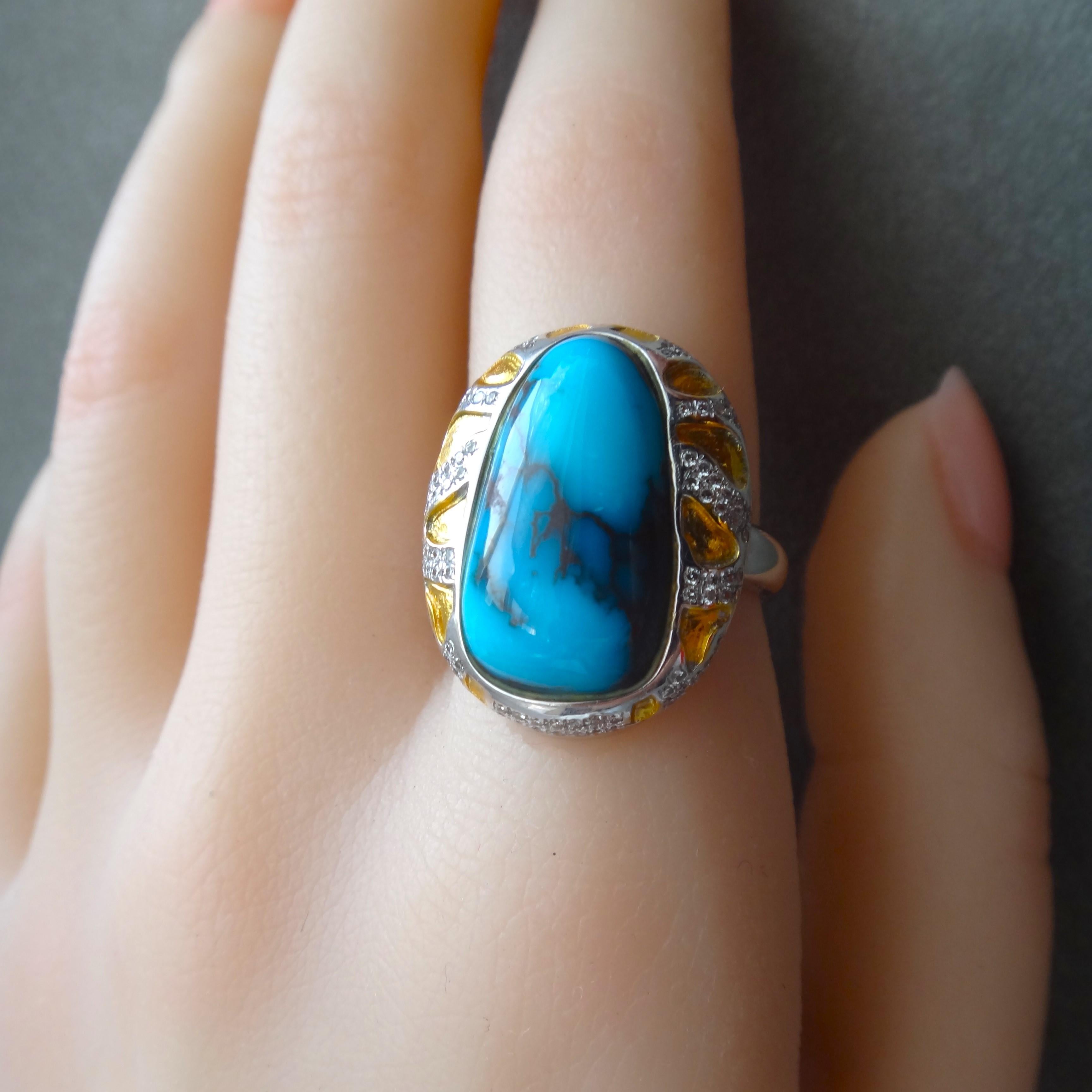Cabochon Natural Gem Grade Bisbee Turquoise and Diamond 18K White Gold Cocktail Ring For Sale