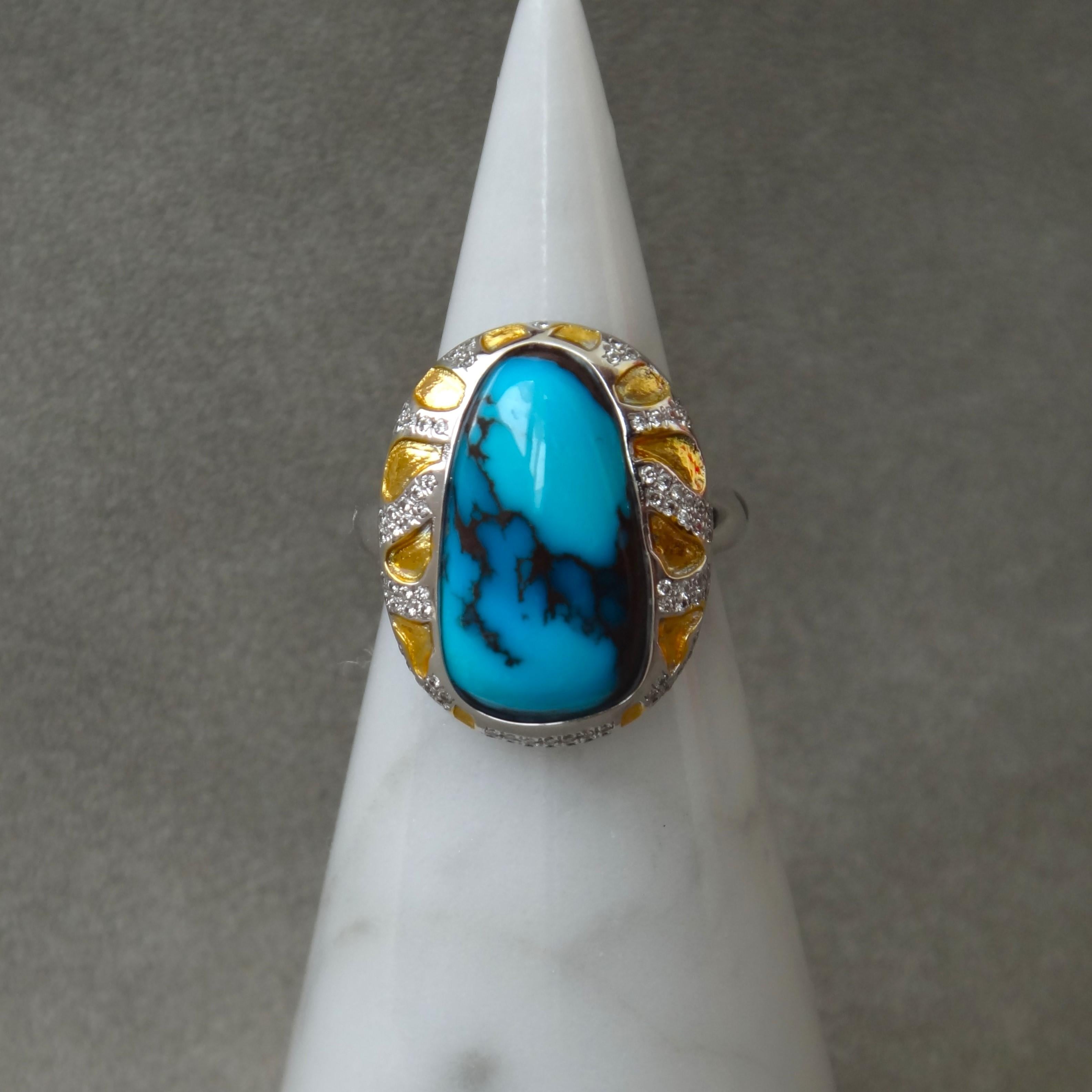 Artist Natural Gem Grade Bisbee Turquoise and Diamond 18K White Gold Cocktail Ring For Sale