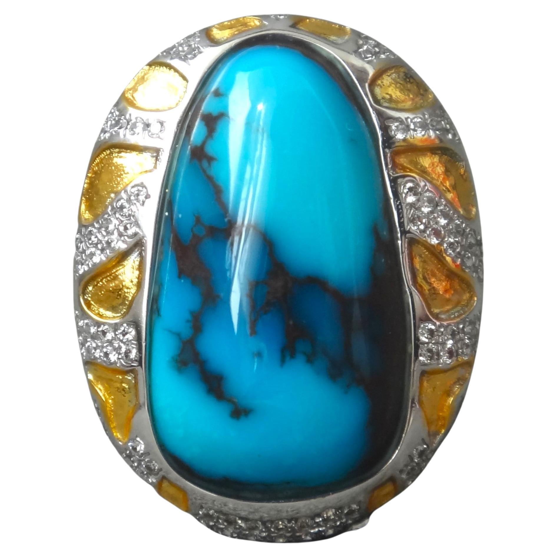 Natural Gem Grade Bisbee Turquoise and Diamond 18K White Gold Cocktail Ring For Sale