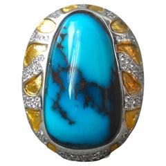 Natural Gem Grade Bisbee Turquoise and Diamond 18K White Gold Cocktail Ring