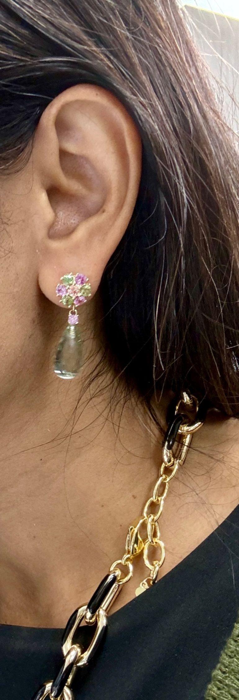 Natural Gemstone Briolette and Round Cut 14K Yellow Gold Drop Earrings For Sale 5