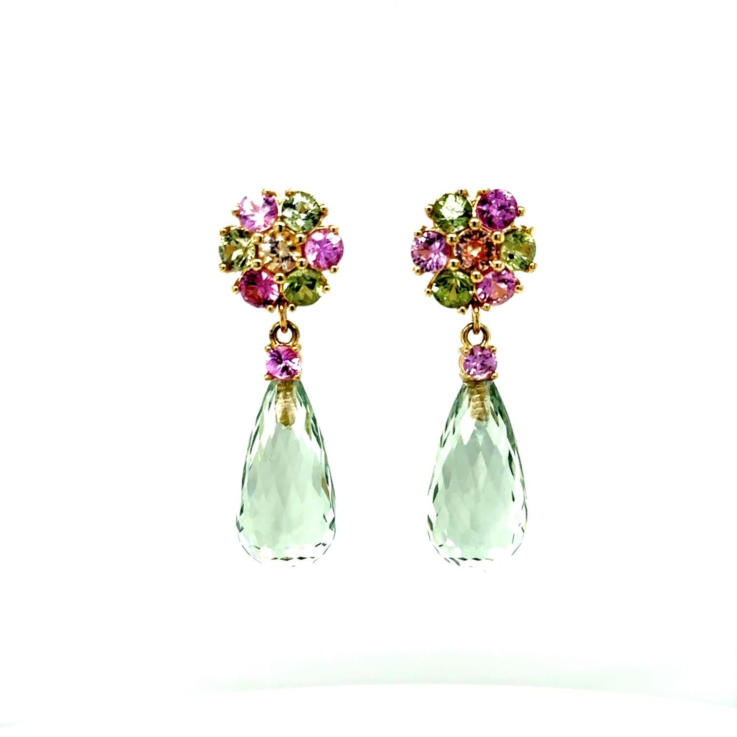 Natural Gemstone Briolette and Round Cut 14K Yellow Gold Drop Earrings

Item Specs:

2 Faceted Briolette Prasiolite Quartz stones weighing approximately 17.82 carats
(Measurements of Prasiolite Quartz Briolette 17mm x 10mm) 
16 Round Cut Multi-Color