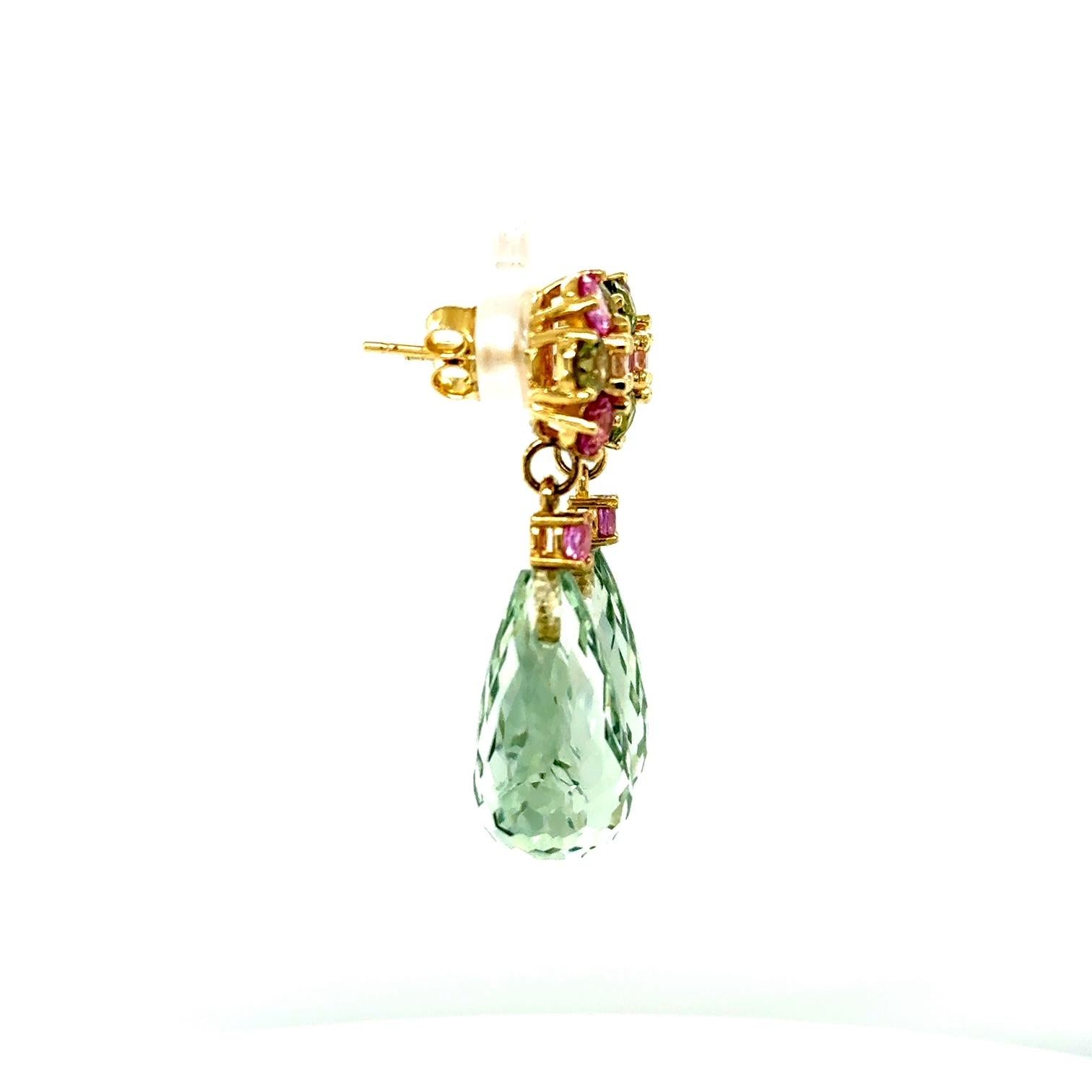 Modern Natural Gemstone Briolette and Round Cut 14K Yellow Gold Drop Earrings For Sale