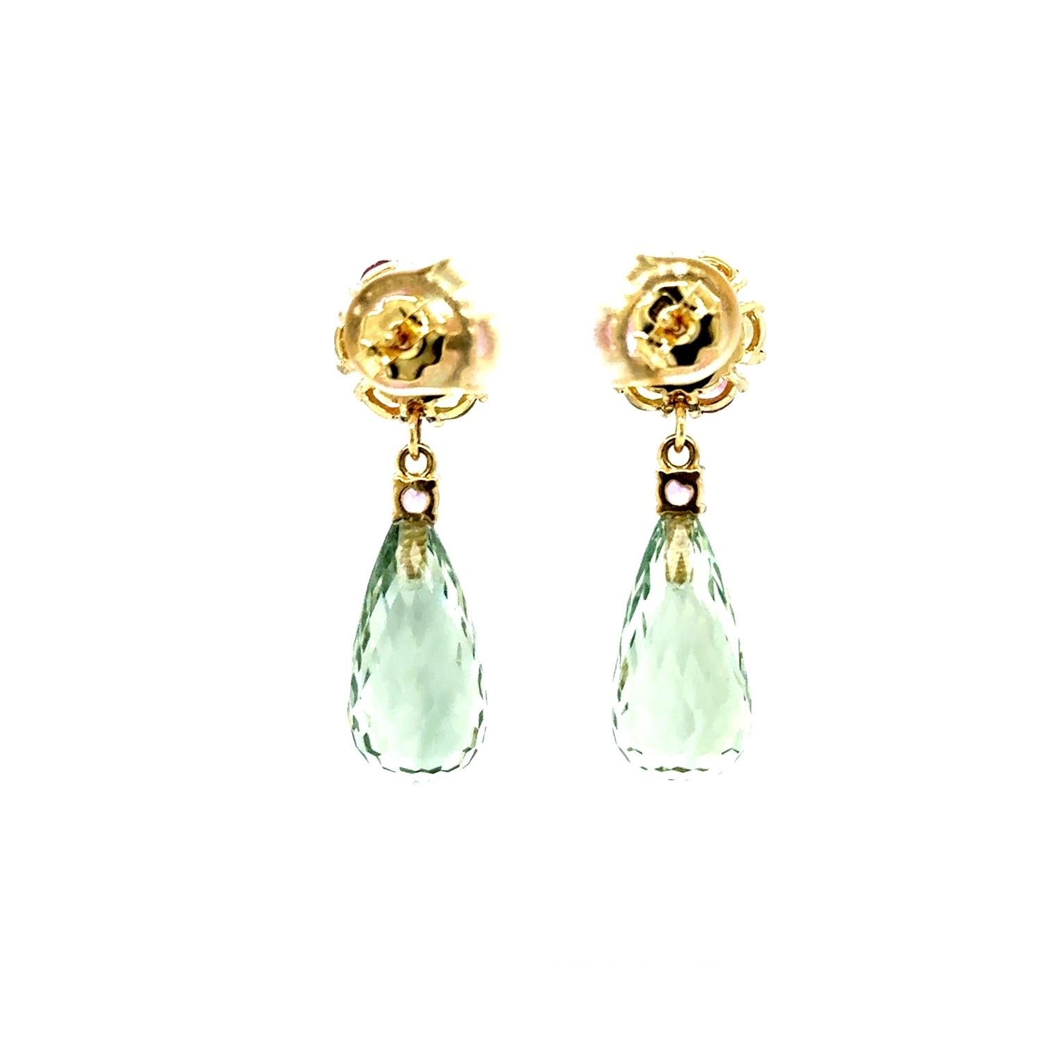 Briolette Cut Natural Gemstone Briolette and Round Cut 14K Yellow Gold Drop Earrings For Sale