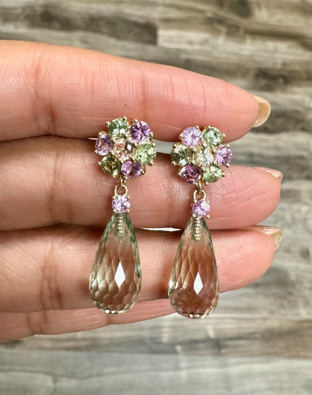 Women's Natural Gemstone Briolette and Round Cut 14K Yellow Gold Drop Earrings For Sale
