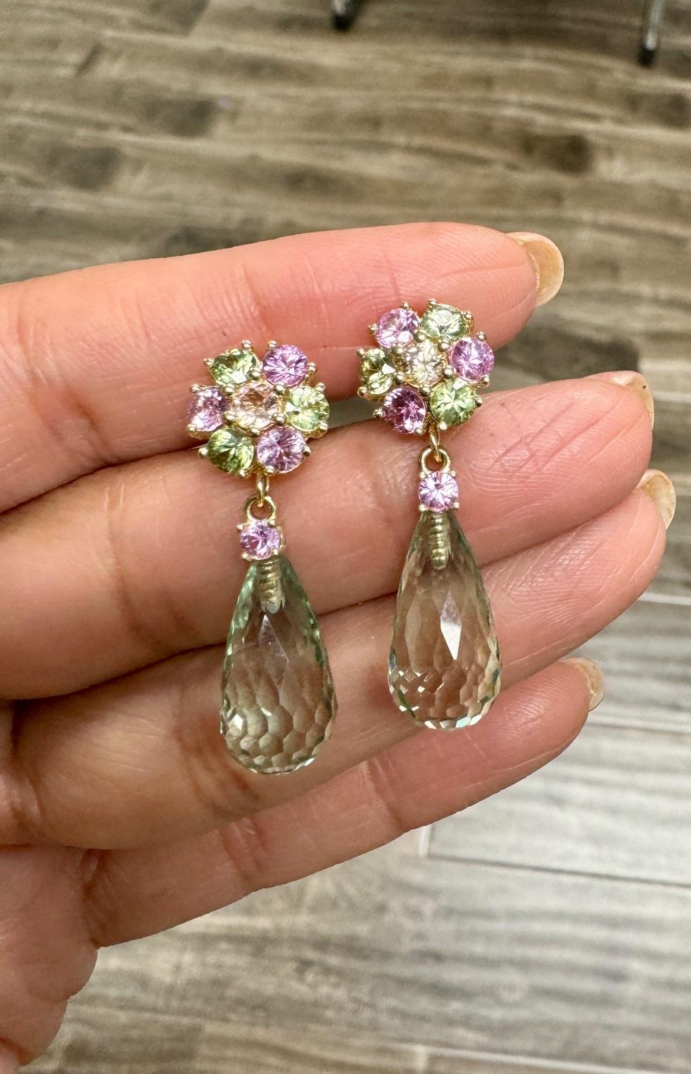 Natural Gemstone Briolette and Round Cut 14K Yellow Gold Drop Earrings For Sale 1