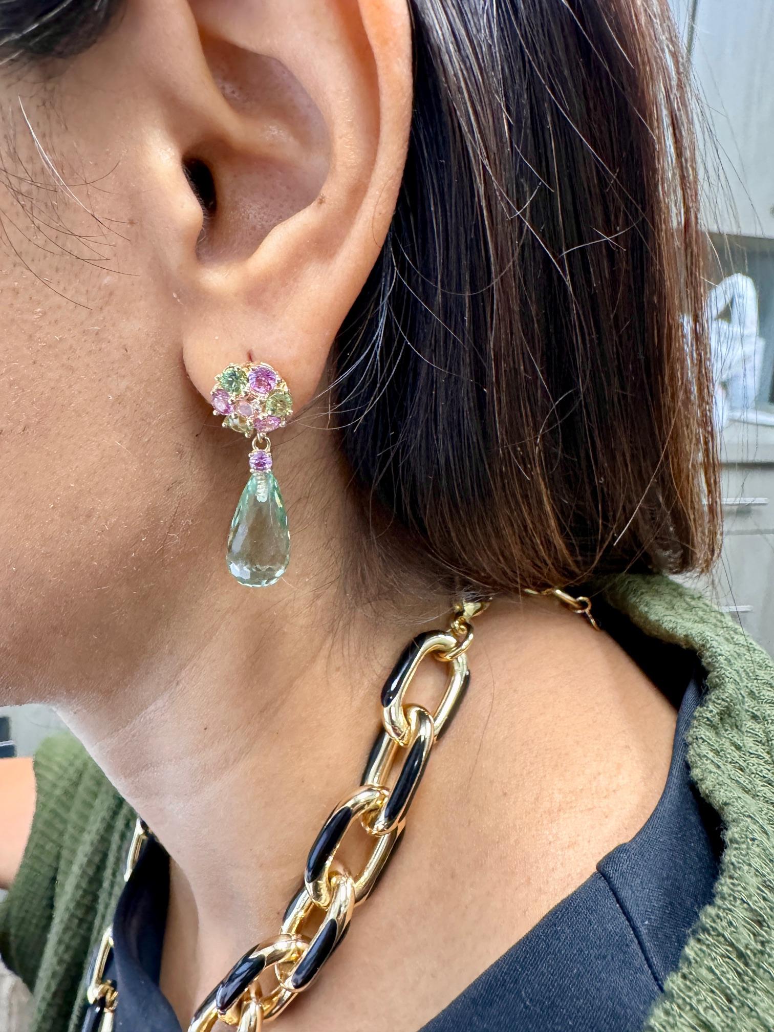 Natural Gemstone Briolette and Round Cut 14K Yellow Gold Drop Earrings For Sale 3