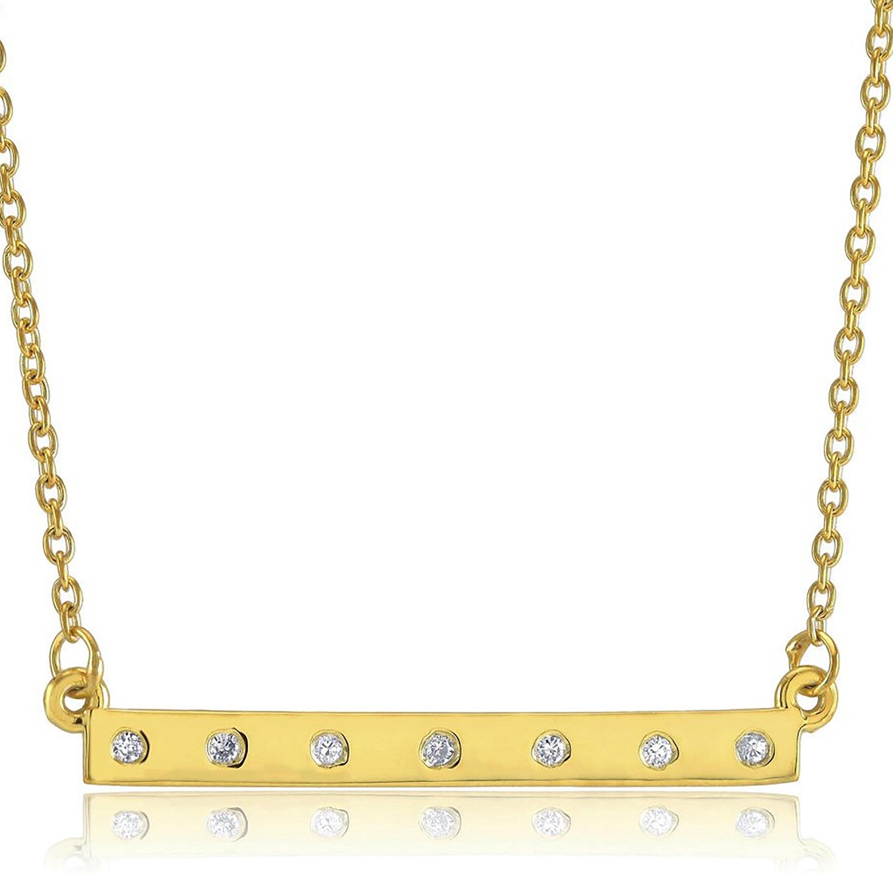 Contemporary Natural Genuine Diamond Bar Silver Pendant Necklace Yellow Gold-Plated