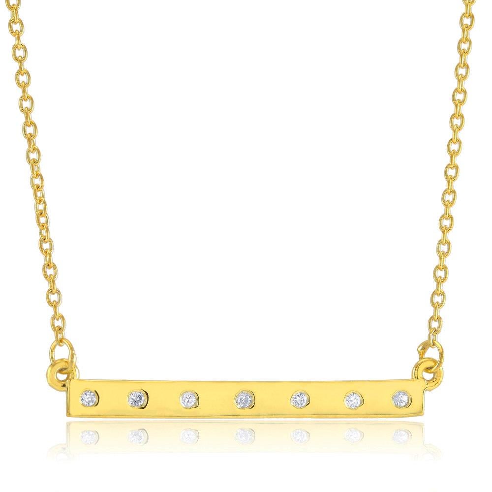 Round Cut Natural Genuine Diamond Bar Silver Pendant Necklace Yellow Gold-Plated
