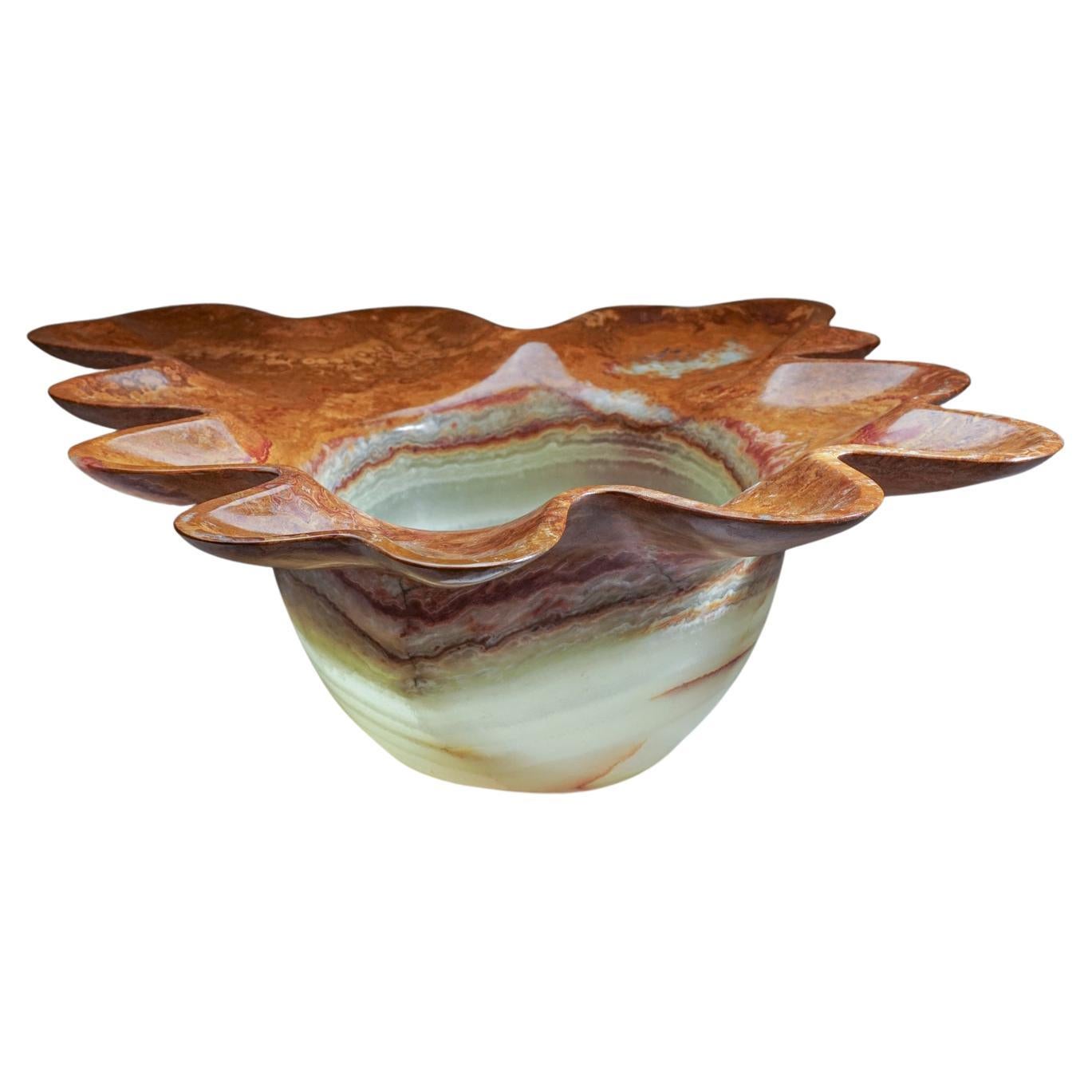 Green and Brown Onyx Decorative Bowl From Mexico ( 26" x 25" x 7", 34 lbs.) For Sale