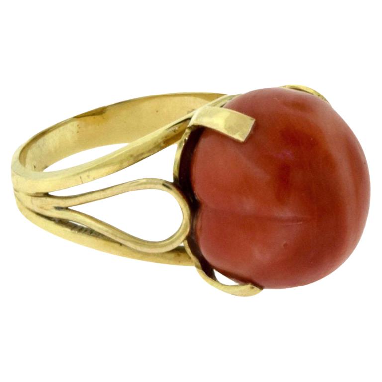Natural Genuine Red Coral Spherical Yellow Gold Ring