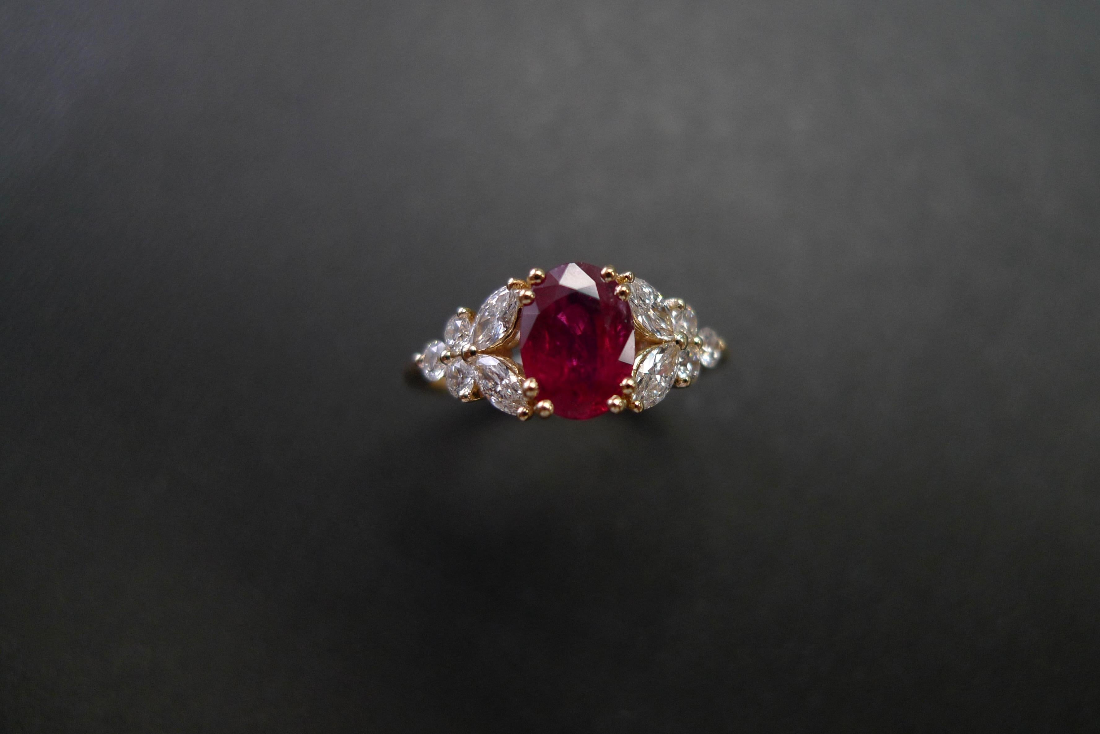 For Sale:  Natural Genuine Ruby and Marquise Diamonds Ring Made in 14k Yellow Gold  10