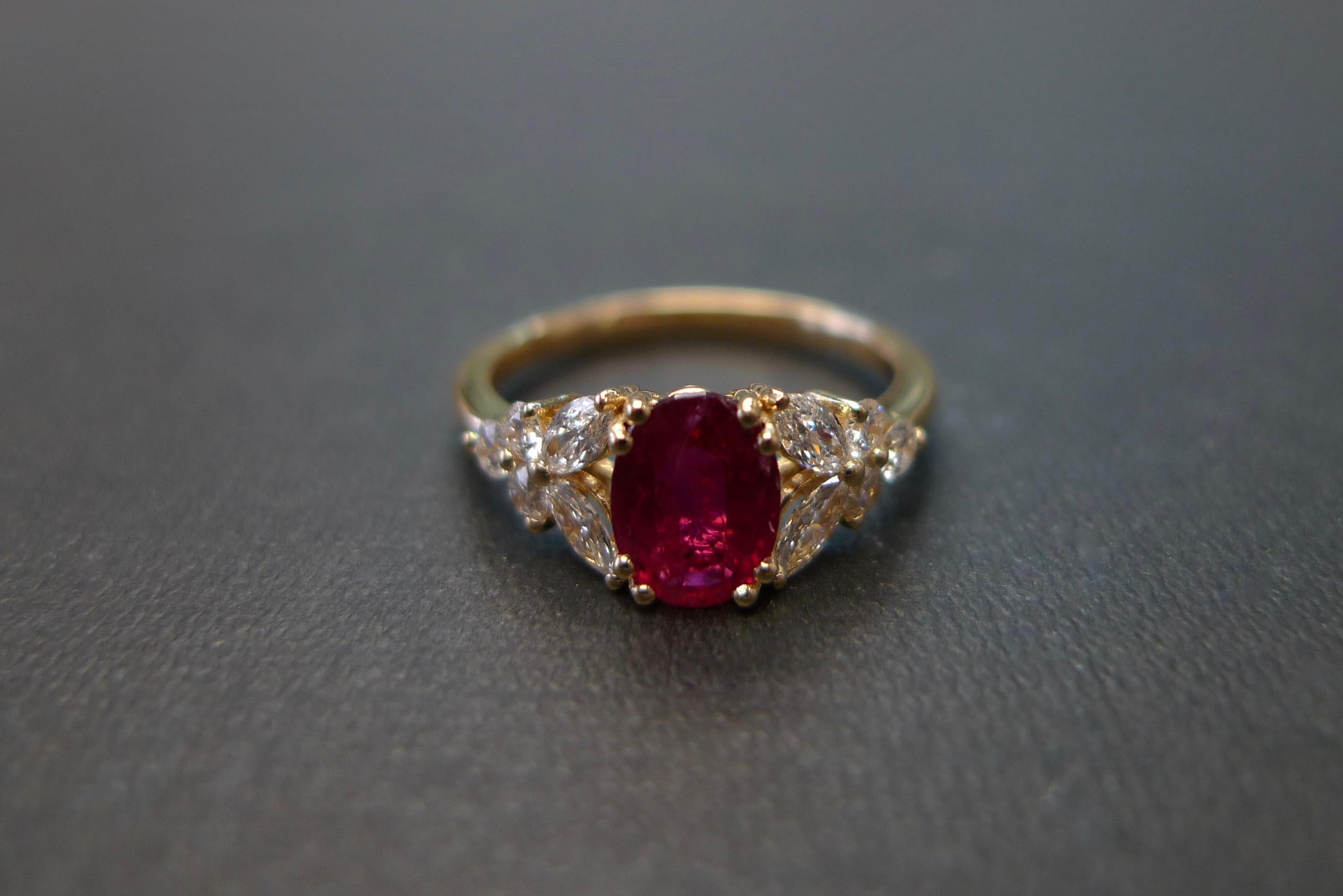 For Sale:  Natural Genuine Ruby and Marquise Diamonds Ring Made in 14k Yellow Gold  11