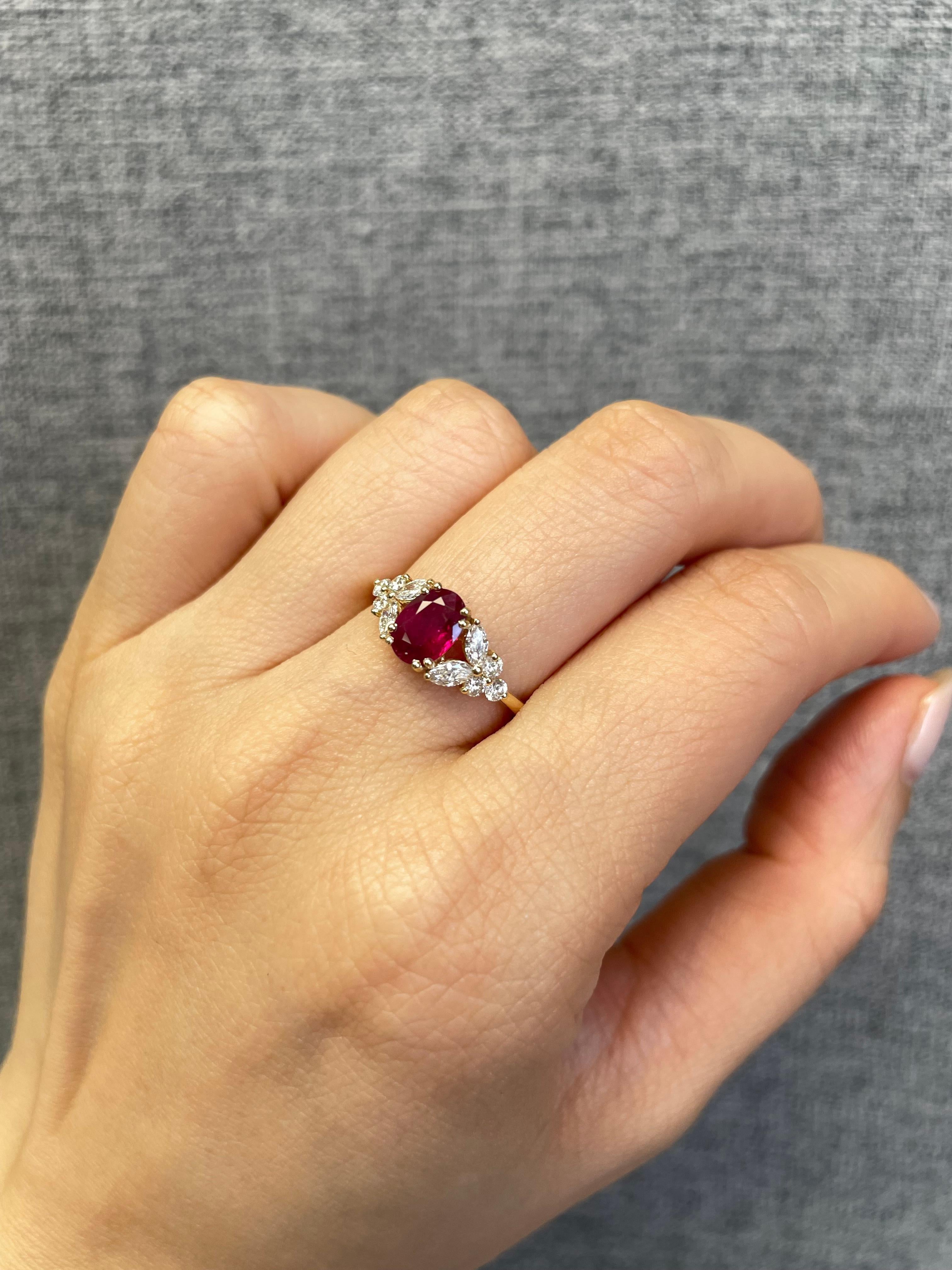 For Sale:  Natural Genuine Ruby and Marquise Diamonds Ring Made in 14k Yellow Gold  2