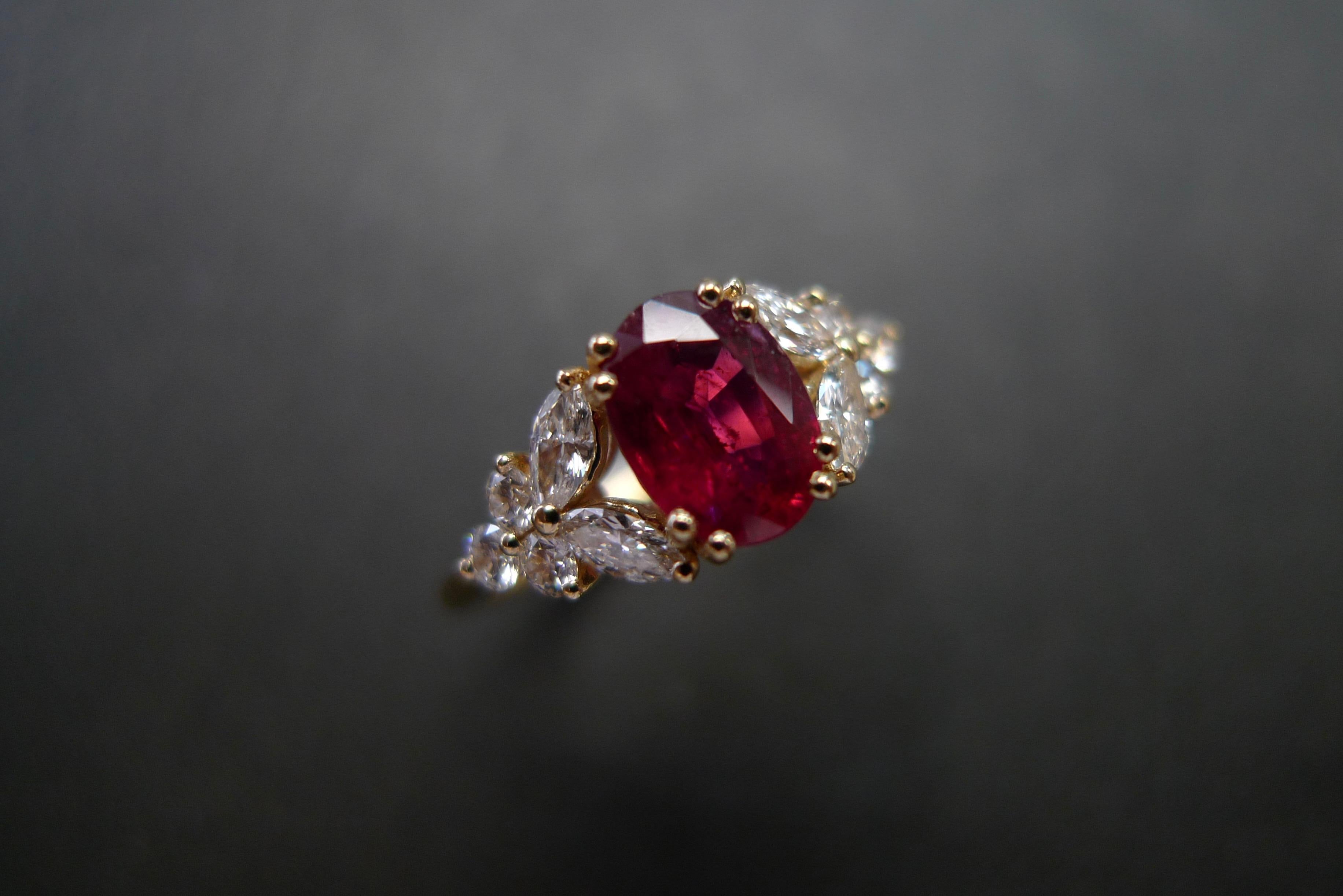For Sale:  Natural Genuine Ruby and Marquise Diamonds Ring Made in 14k Yellow Gold  3