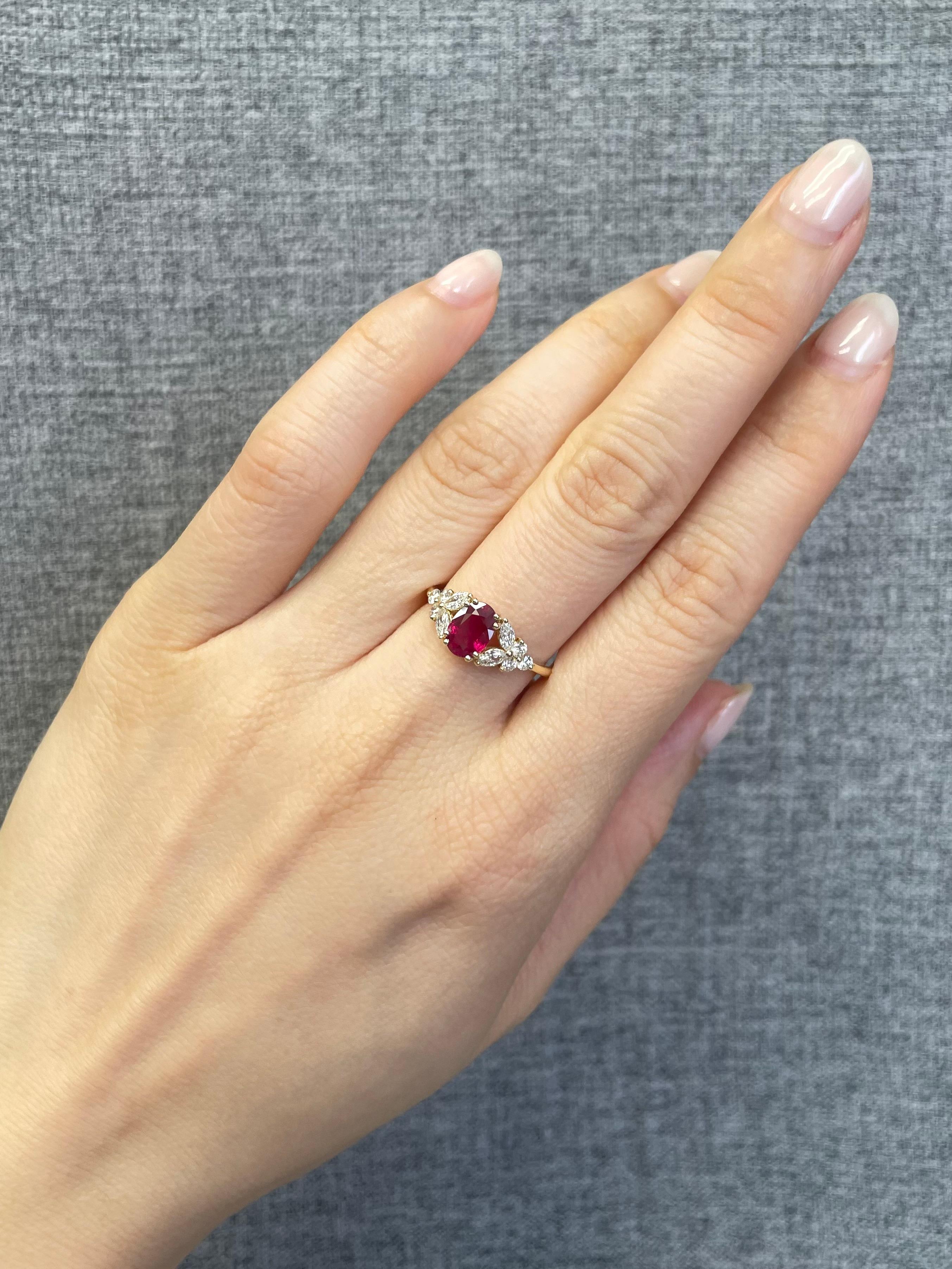 For Sale:  Natural Genuine Ruby and Marquise Diamonds Ring Made in 14k Yellow Gold  4