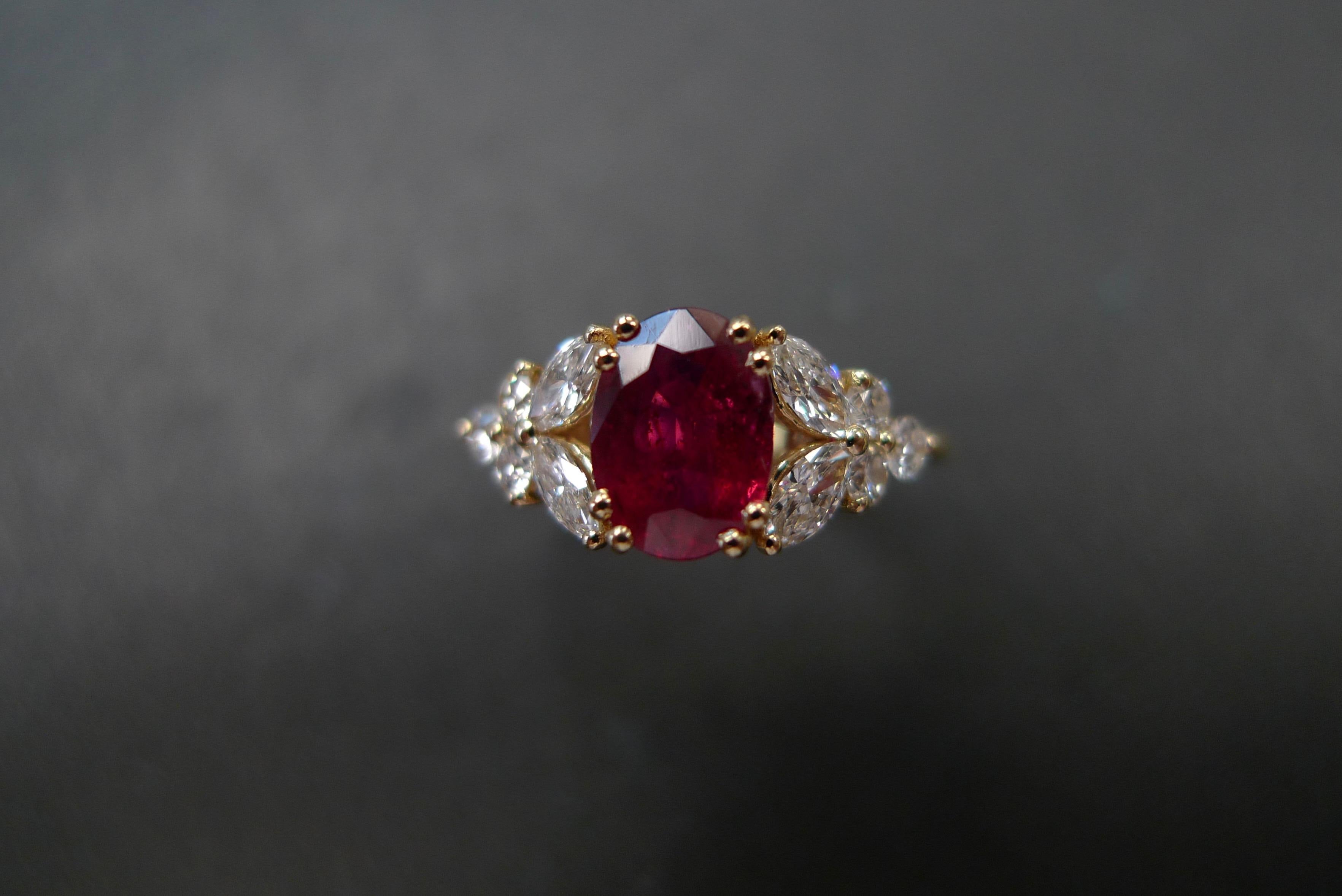 For Sale:  Natural Genuine Ruby and Marquise Diamonds Ring Made in 14k Yellow Gold  6
