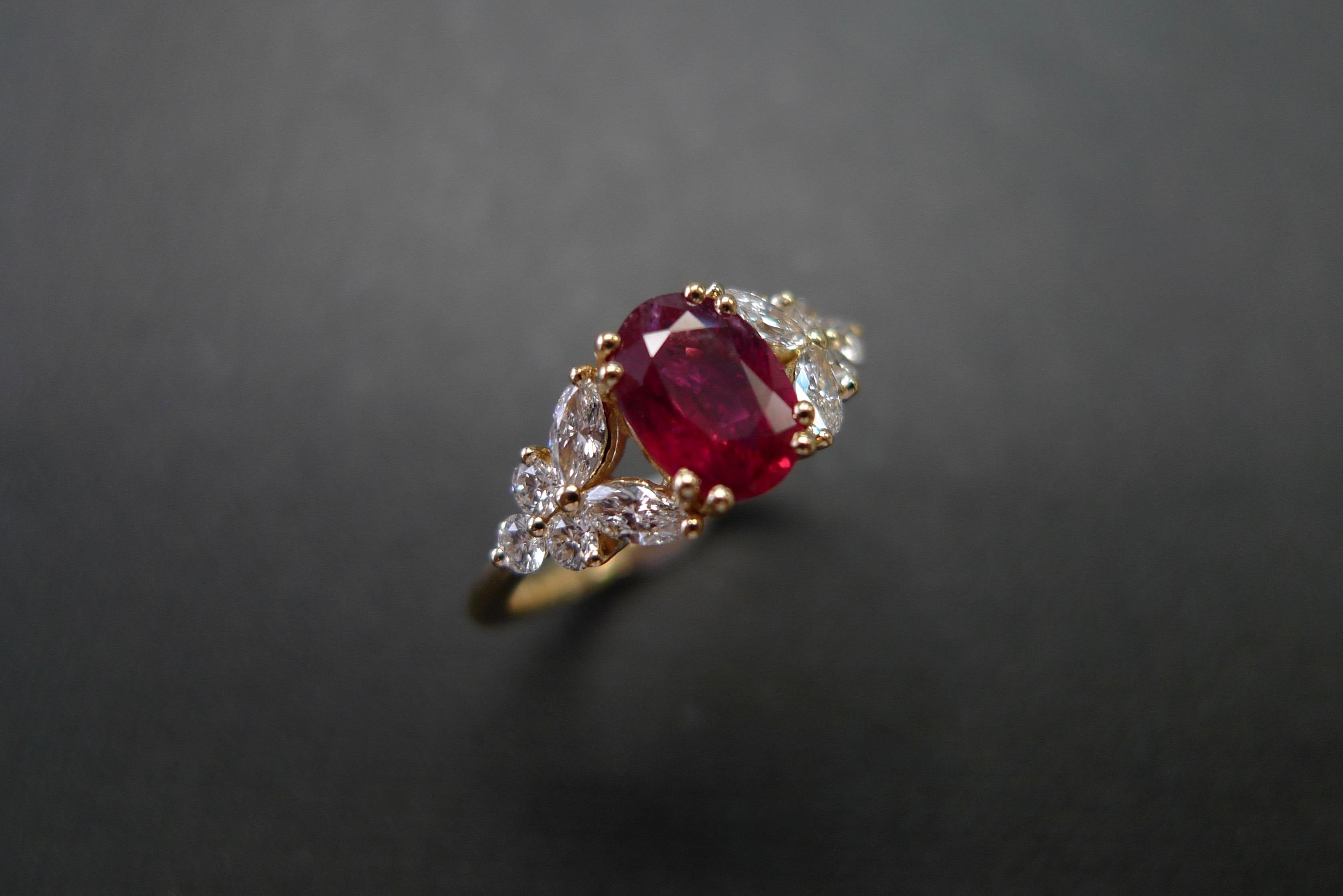 For Sale:  Natural Genuine Ruby and Marquise Diamonds Ring Made in 14k Yellow Gold  7