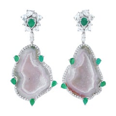 Natural Geode Slice Drop Earrings with Emerald, Sapphire & Diamonds in 18KT Gold