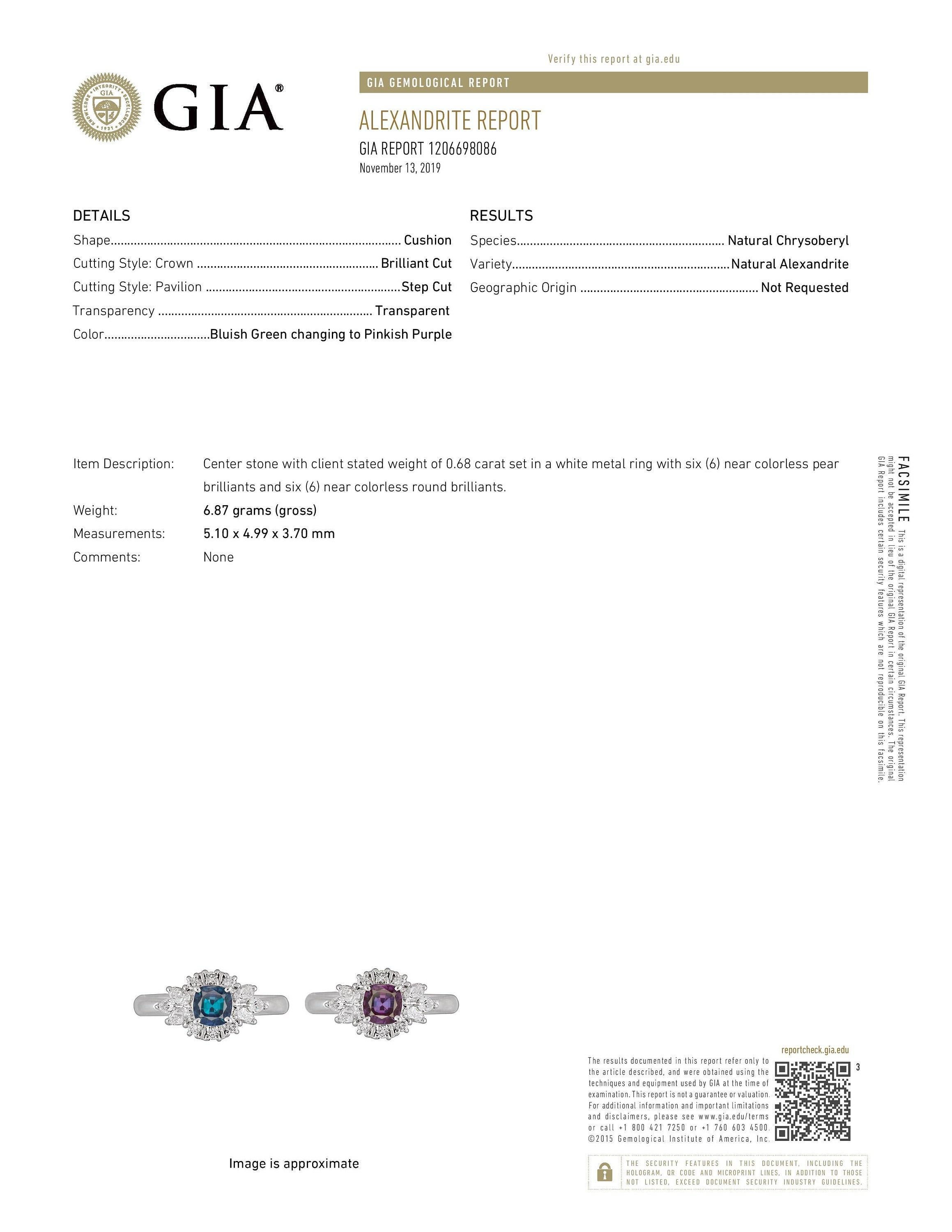 Victorian Natural GIA Certified 0.68 Ct. Brazillian Alexandrite & Diamond Cocktail Ring For Sale