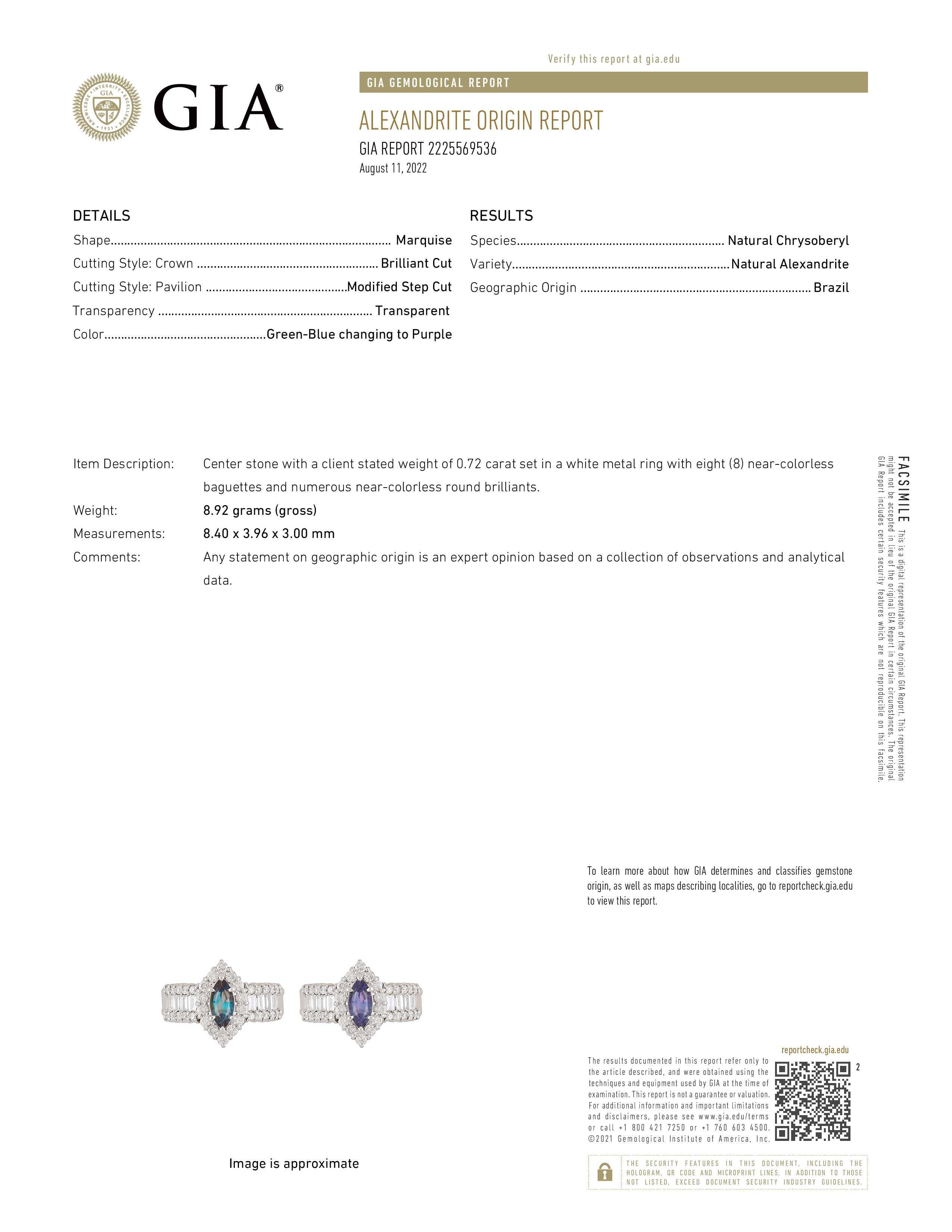 Women's Natural GIA Certified 0.72 Ct Brazillian Alexandrite & Diamond Vintage Ring For Sale