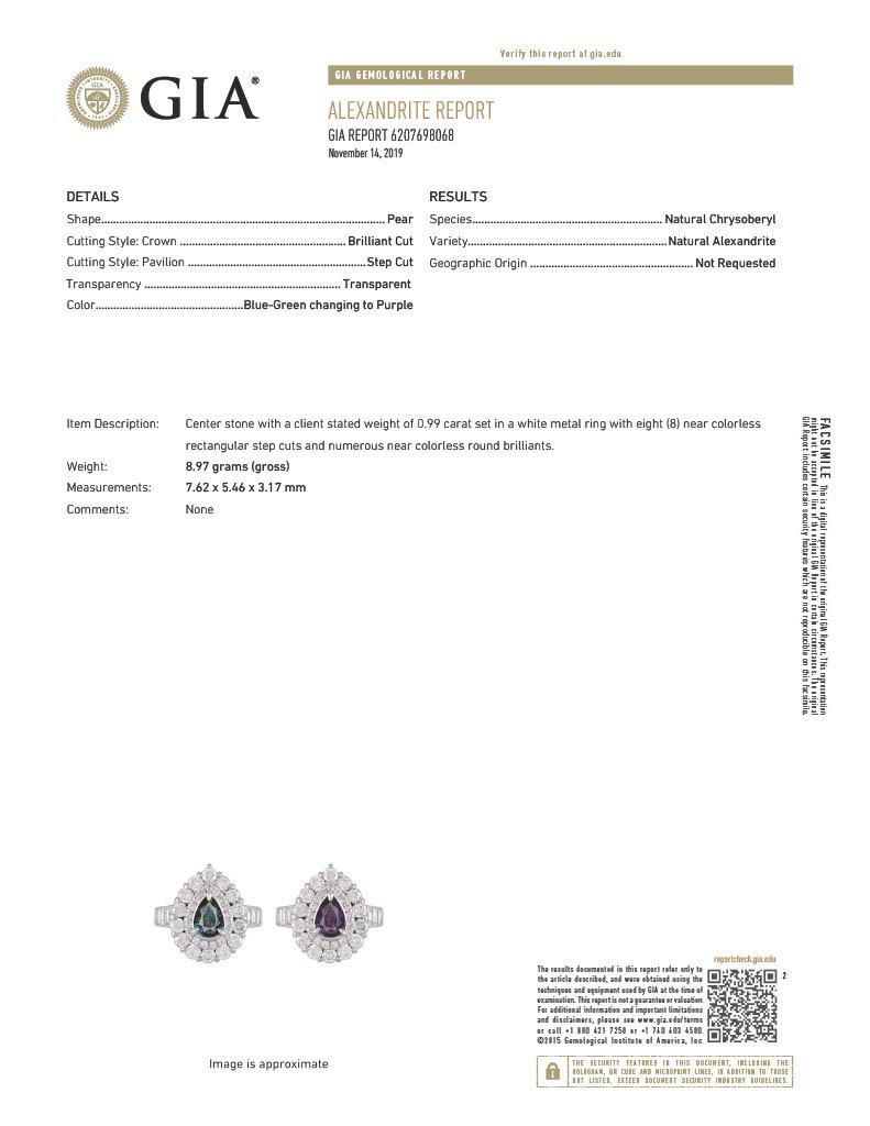 Victorian Natural GIA Certified 0.99 ct. Pear Brazillian Alexandrite Diamond Vintage Ring For Sale