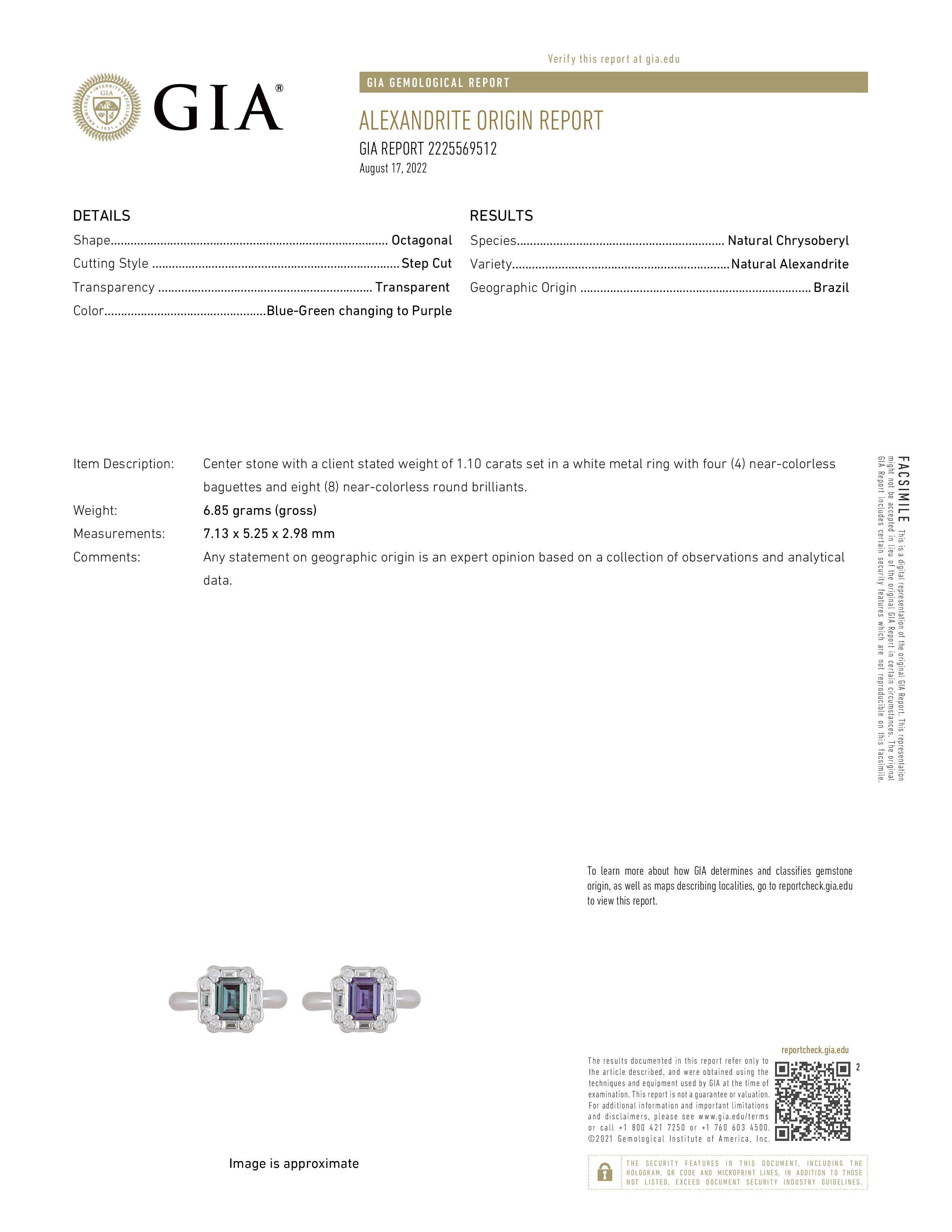 This is a gorgeous natural AAA quality Emerald cut Alexandrite surrounded by dainty diamonds that is set in a vintage platinum setting. This ring features a natural 1.10 carat Emerald cut alexandrite that is certified by the Gemological Institute of