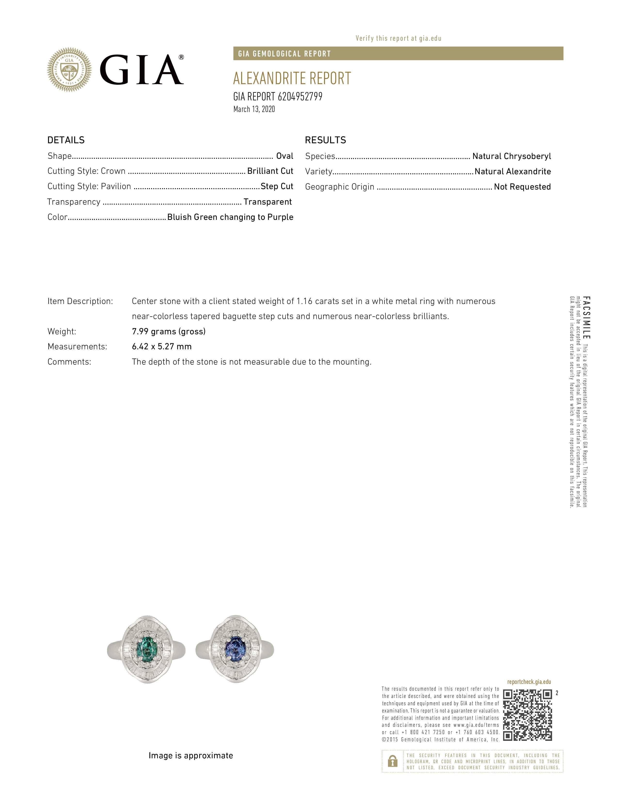 Women's Natural GIA Certified 1.16 Ct. Brazillian Alexandrite & Diamond Cocktail Ring For Sale