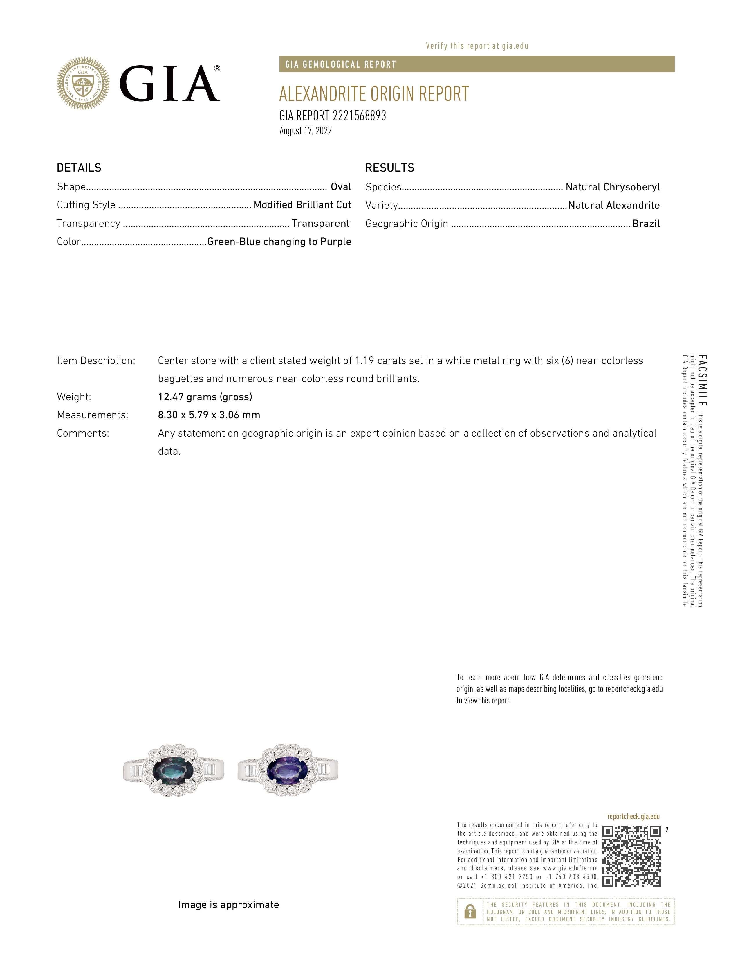 Nature certifié GIA 1.19 Ct. Bague cocktail alexandrite brésilienne et diamants en vente 3