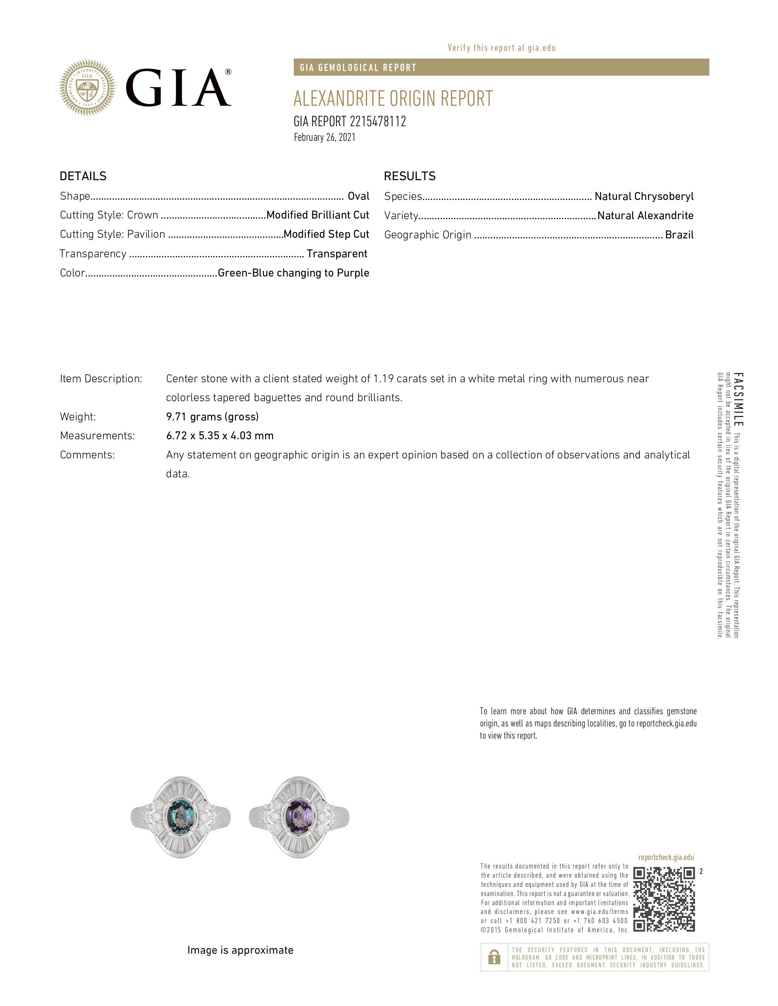 Natural GIA Certified 1.19 Ct. Brazillian Alexandrite & Diamond Vintage Ring For Sale 2