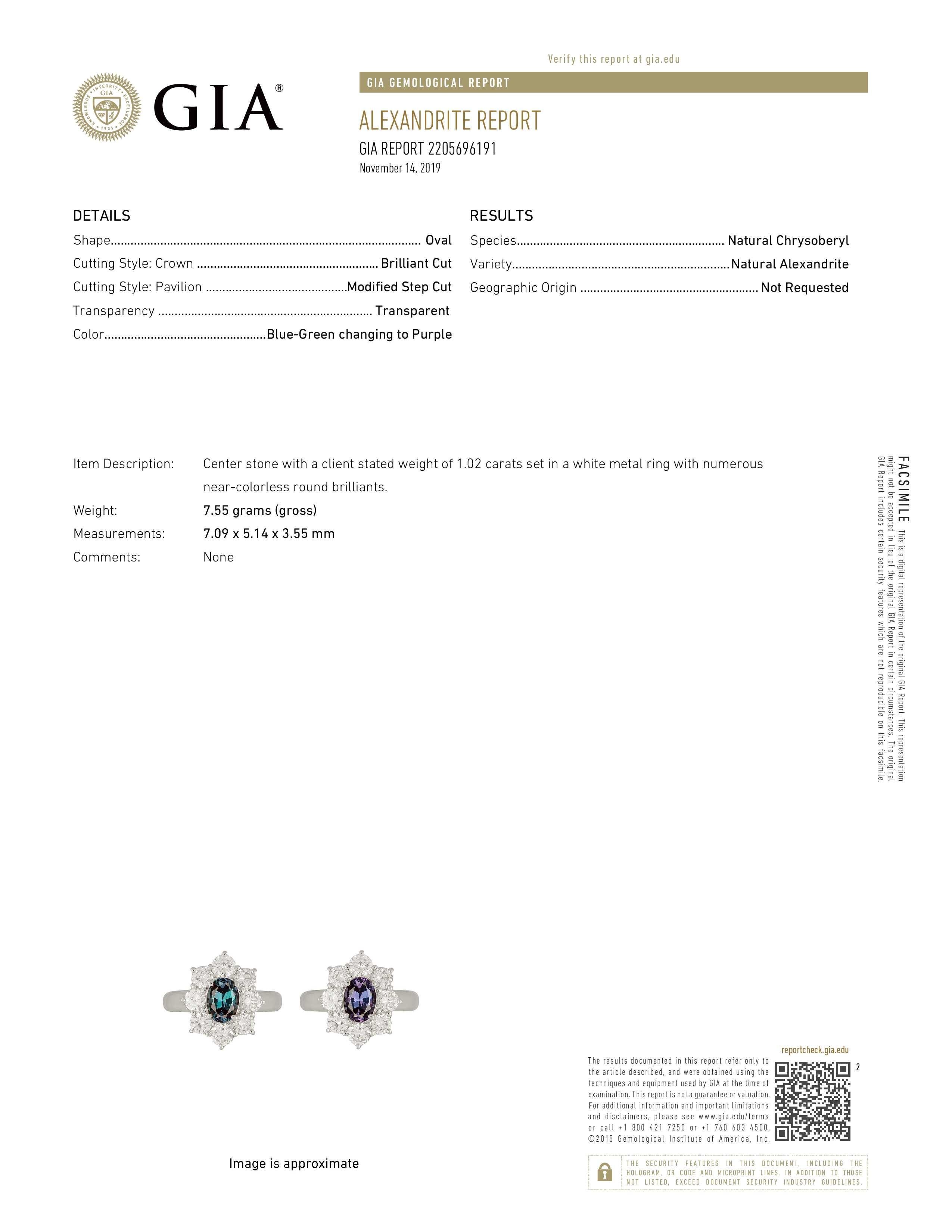 Women's Natural GIA Certified 1.25 Ct. Brazillian Alexandrite & Diamond Cocktail Ring For Sale