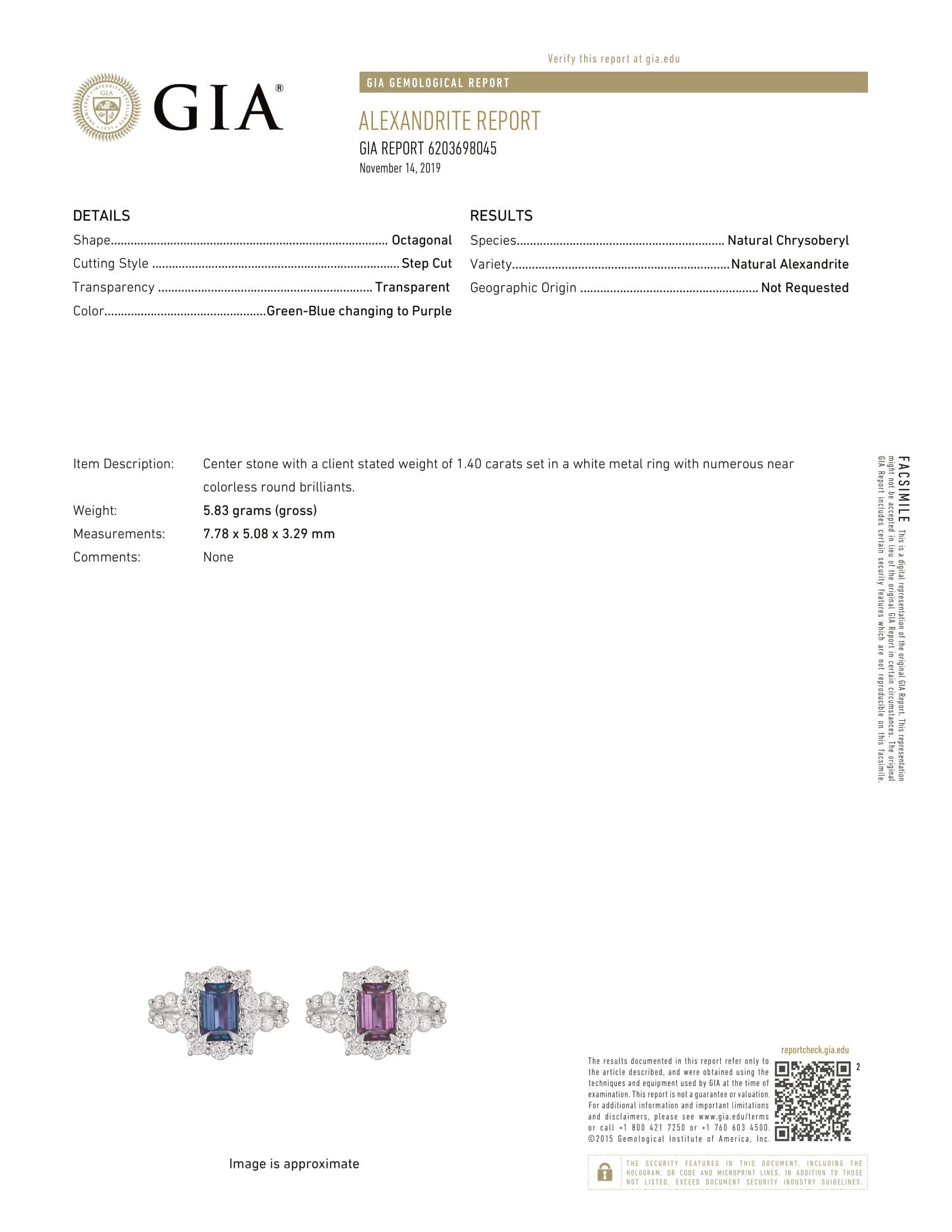 This is a gorgeous natural AAA quality E-Cut Alexandrite surrounded by dainty diamonds that is set in a cocktail platinum setting. This ring features a natural 1.40 carat E-Cut alexandrite that is certified by the Gemological Institute of America